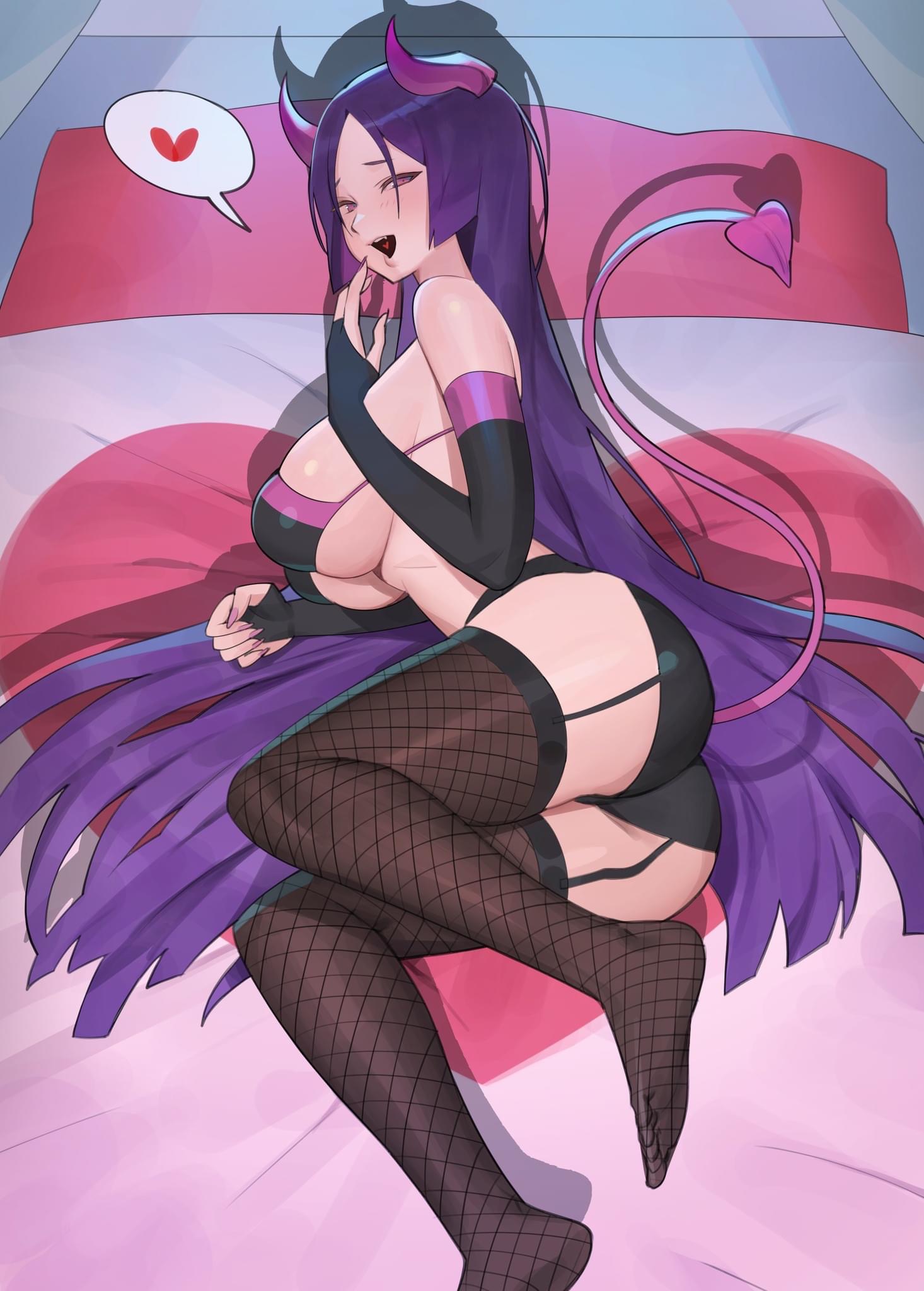 armwear, bed, blush, bra, breasts, busty, demon, fate (series), fate/grand order, female, fishnet stockings, garter straps, hood x art, horns, minamoto no raikou (fate/grand order), open smile, panties, purple eyes, purple hair, succubus, succubus costume, succubus tail