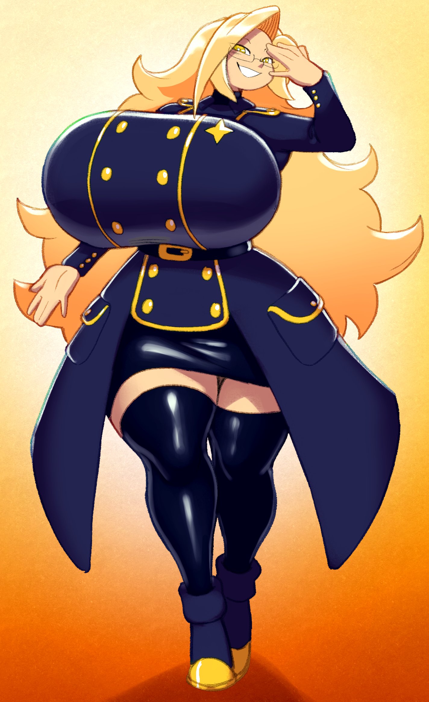 1girls, angstrom, big breasts, blonde hair, breasts, clothing, female, female only, glasses, huge breasts, hyper, hyper breasts, large breasts, long hair, looking at viewer, original, original character, smile, solo, uniform, yellow eyes