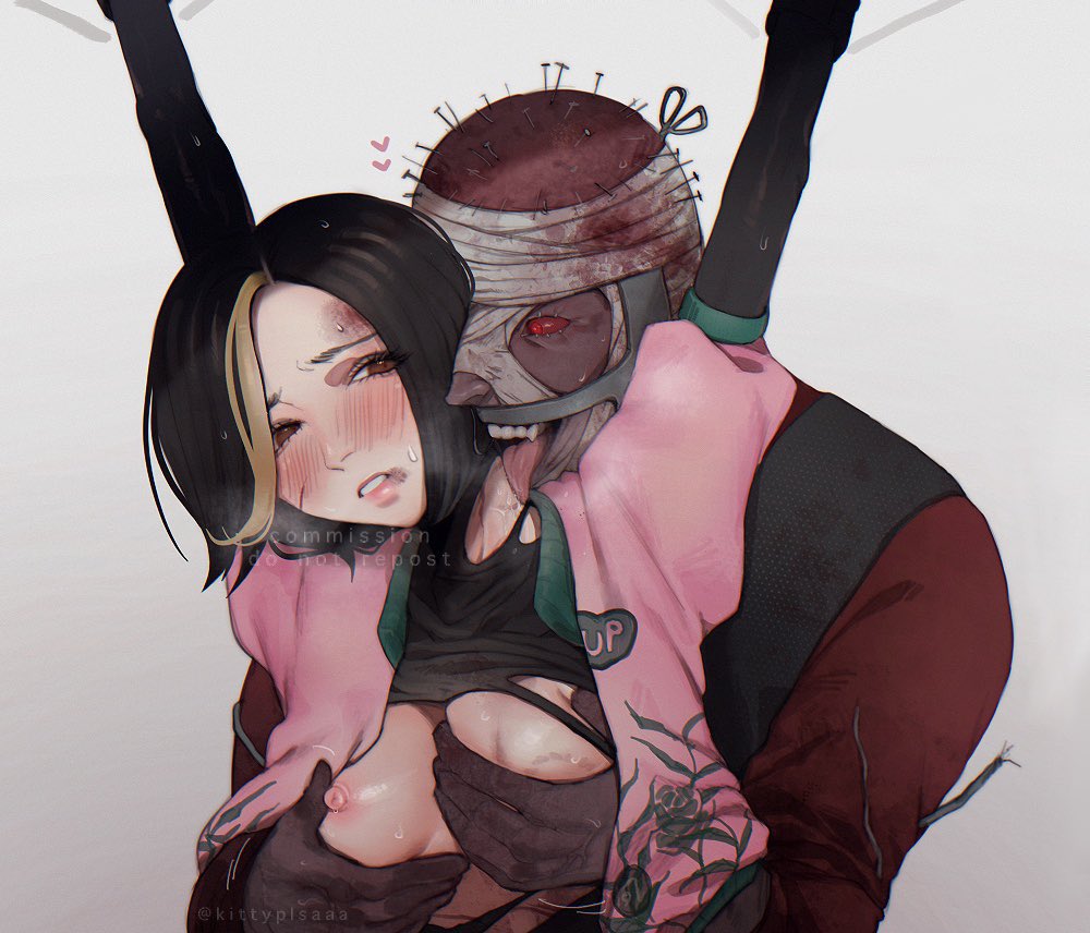1boy, 1girls, 2d, arms up, asian, asian female, black hair, blush, bondage, breasts, brown eyes, clothing, dbd, dead by daylight, doctor, female, feng min, from behind, groping, groping breasts, groping from behind, herman carter, interracial, kittyplsaaa, licking, licking neck, male, medium breasts, nipples, short hair, size difference, sweat, the doctor (dead by daylight), torn clothes