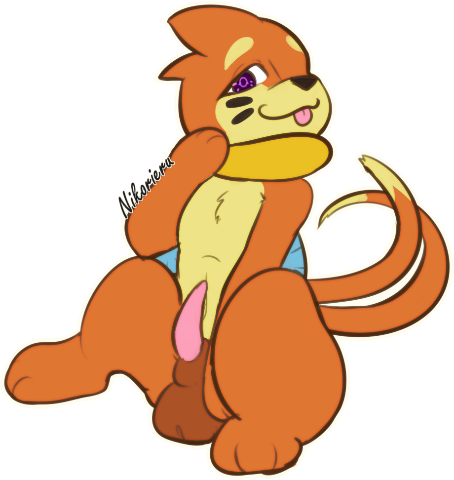 2021 2_tails balls buizel erection feral fur genitals hand_on_face looking_at_viewer male multi_tail nikorieru nintendo nude orange_body orange_fur penis pokémon_(species) pokemon purple_eyes sitting smile smirk solo tongue video_games