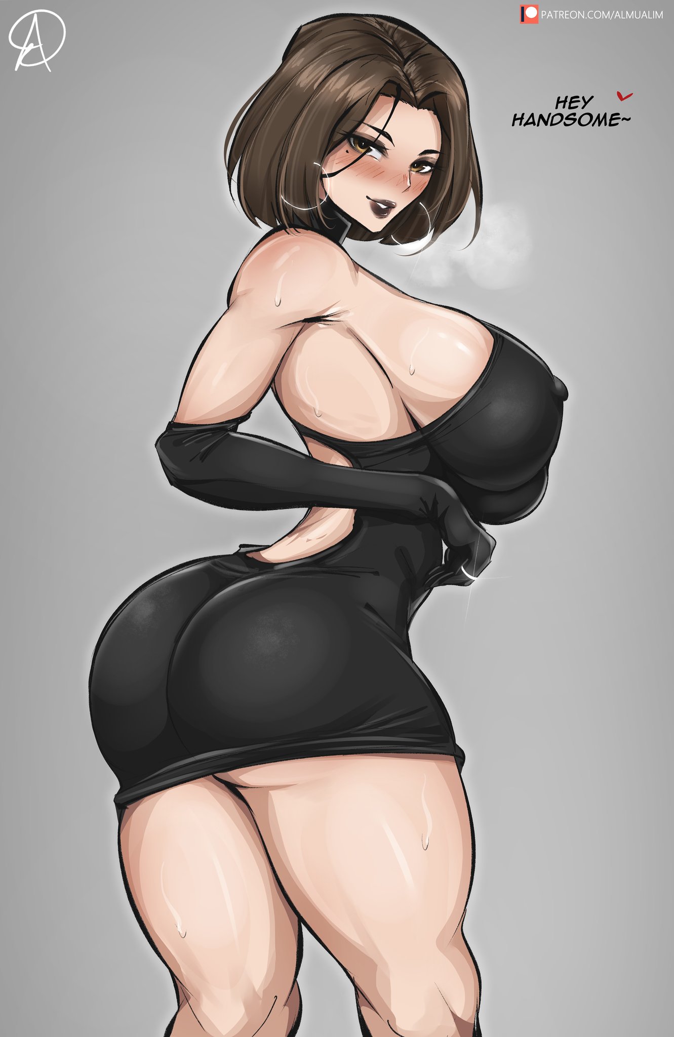1girls, almualim, ass, big ass, big breasts, black lipstick, breasts, bubble ass, bubble butt, covered nipples, dress, english text, female, large breasts, light skin, light-skinned female, no bra, pale skin, pale-skinned female, seductive look, short hair, standing, sweat, thick ass, thick thighs
