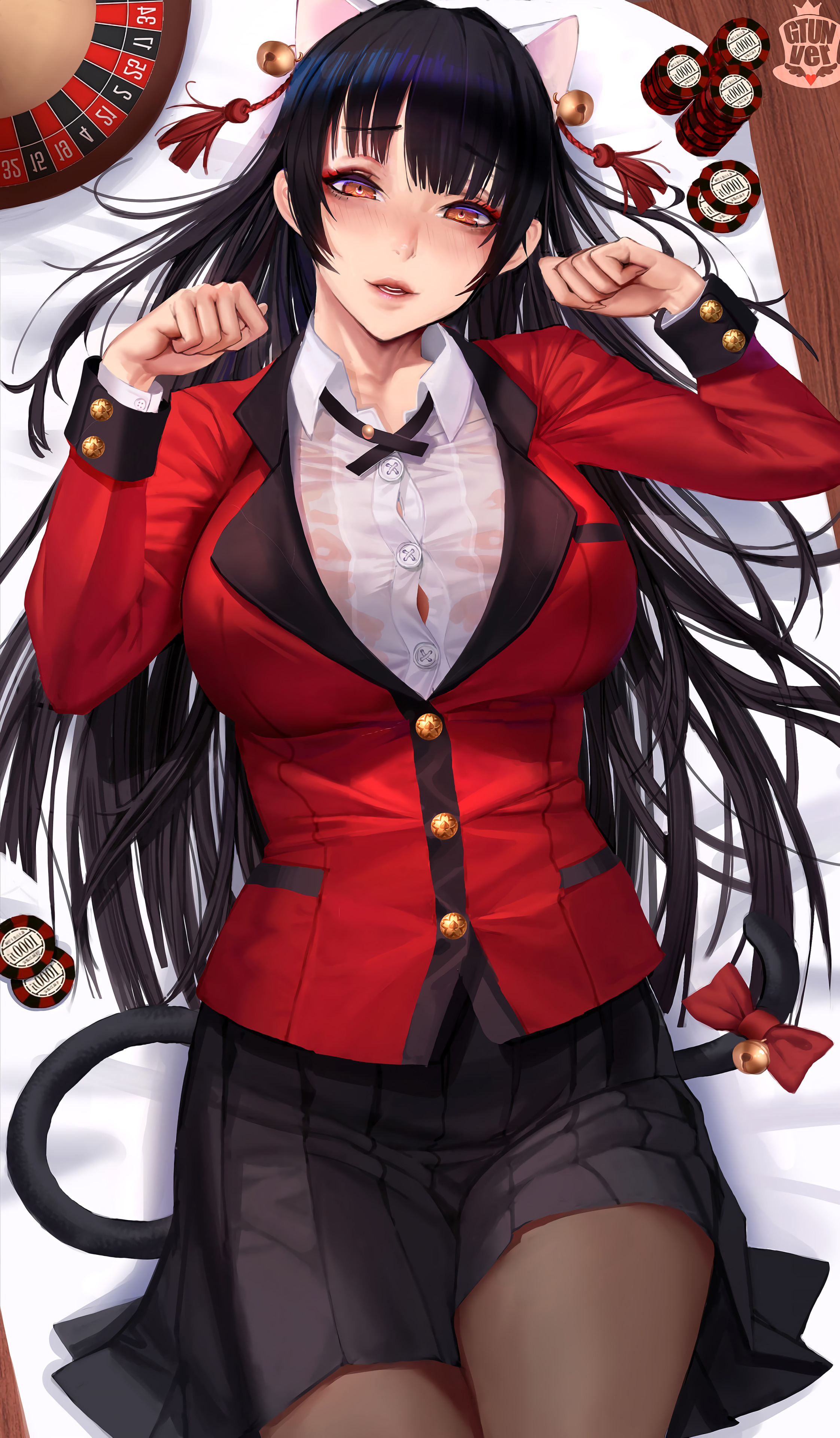 1girls, alternate version available, black hair, blouse, blush, breasts, button gap, cat ears, cat pose, eyelashes, eyeliner, eyeshadow, female, female only, gtunver, huge breasts, jabami yumeko, jacket, kakegurui, lingerie, lipstick, long hair, looking at viewer, makeup, pantyhose, poker chip, school uniform, see-through, shirt, skirt, tight shirt, very long hair