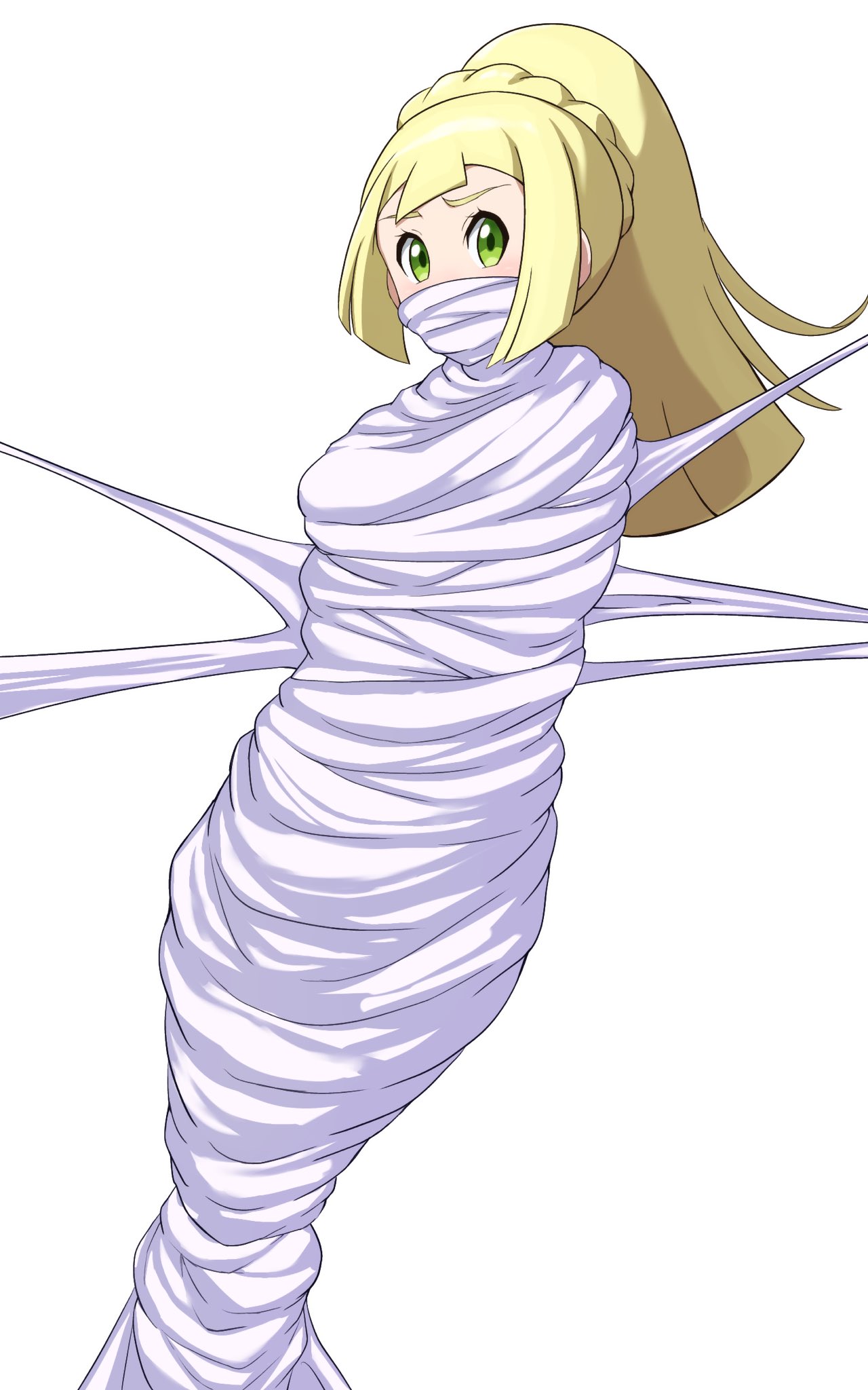 1girls blonde_hair bondage bound cocoon cocooned gag gagged green_eyes hi_res lillie_(pokemon) looking_at_viewer mummification nintendo okra_sticky pokemon pokemon_sm restrained solo spider_web tied tied_up web_bondage web_gag