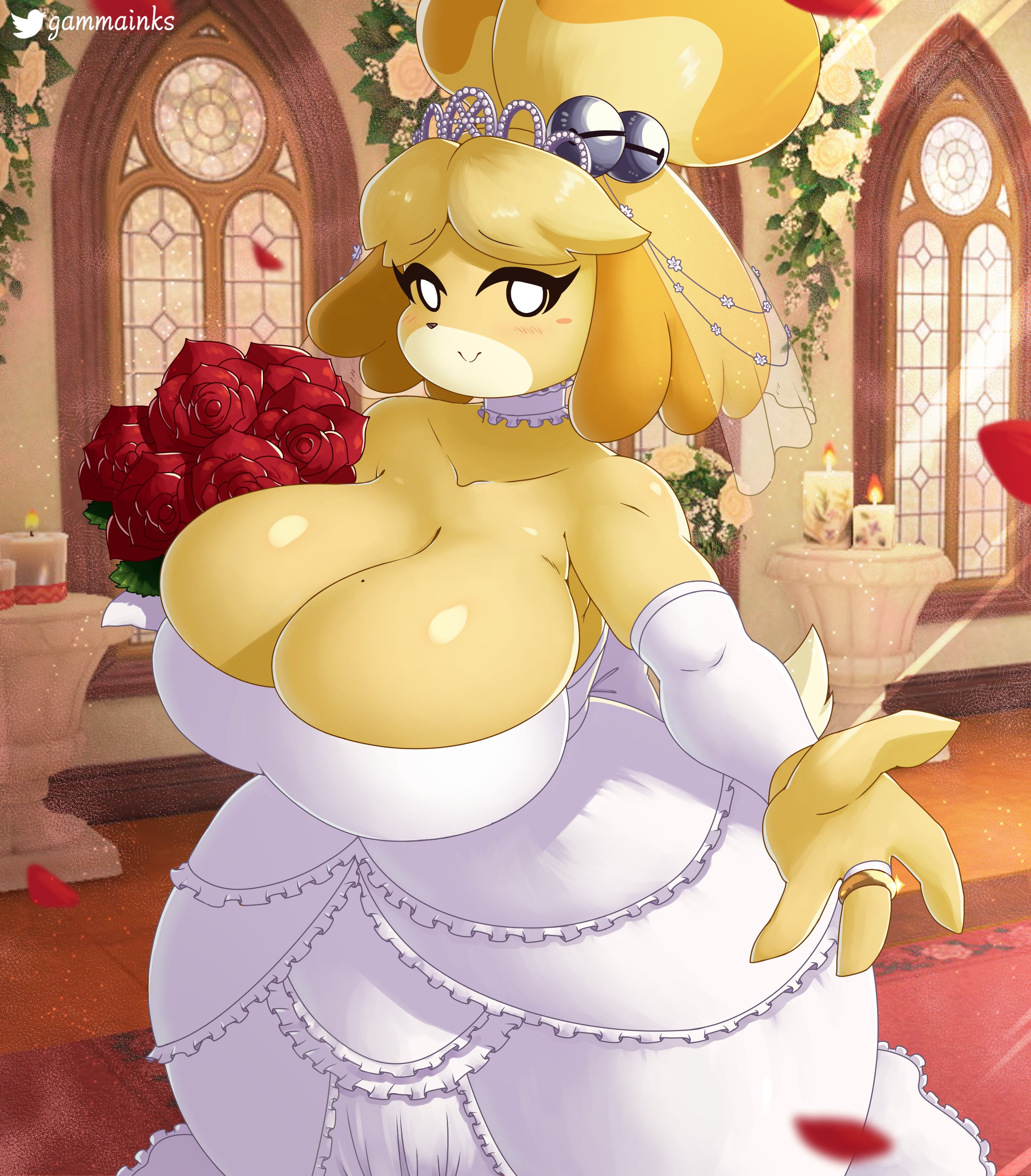 1girls, animal crossing, anthro, big breasts, breasts, bride, canid, canine, canis, female, fur, furry, furry only, gammainks, hi res, huge breasts, isabelle (animal crossing), marriage, mob face, nintendo, tagme, tail, wedding dress, wholesome