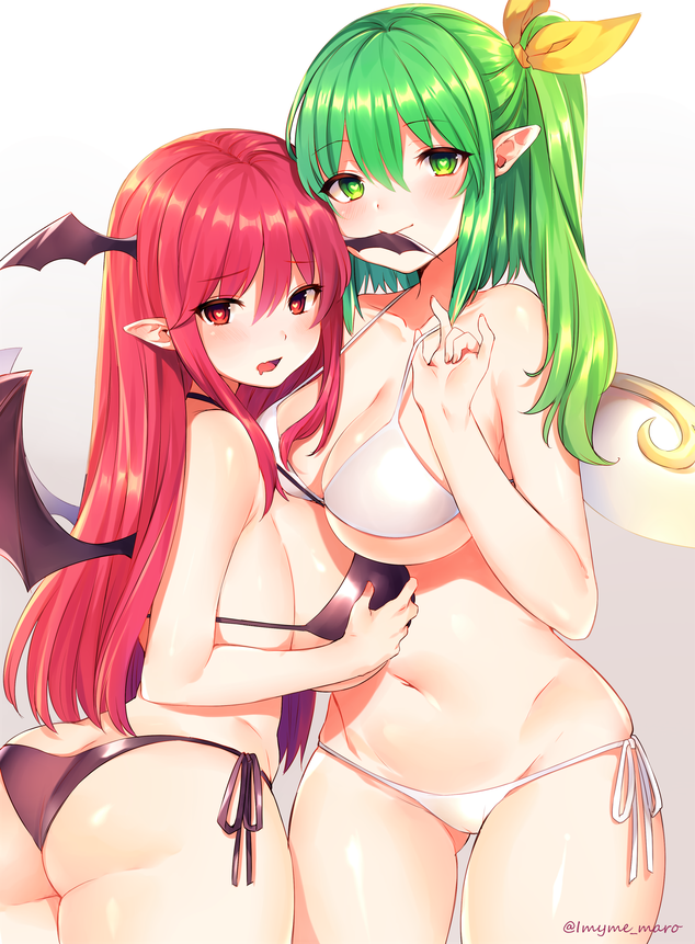 2girls ass daiyousei green_hair head_wings huge_breasts koakuma looking_at_viewer marota_(imyme_maro) pointy_ears red_hair succubus swimsuit tagme touhou