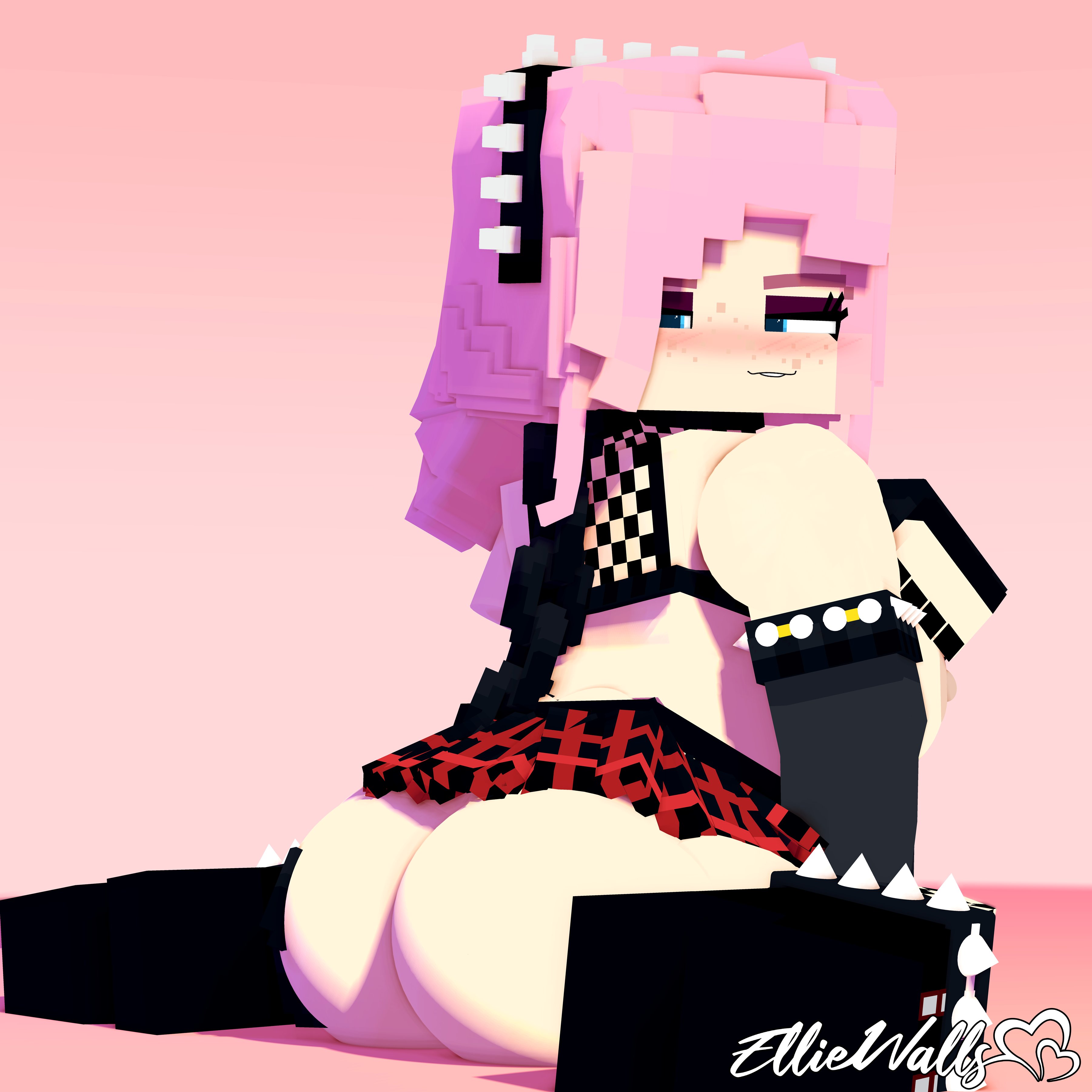 1girls, 3d, adult, ass, bedroom eyes, big ass, big breasts, black stockings, blue eyes, boots, breasts, breasts out, bubble ass, bubble butt, chain, chains, clothing, commission, fat ass, female, female only, fishnet top, fishnets, freckles, gloves, goth, goth girl, half-closed eyes, horny, horny female, kneeling, large ass, looking at viewer, looking back, mine-imator, minecraft, miniskirt, nipples, no panties, odysseyellie, on knees, pink hair, sideboob, sitting, skirt, solo, spiked hairband, spikes, tagme, zoey (zoeyistoosmall)