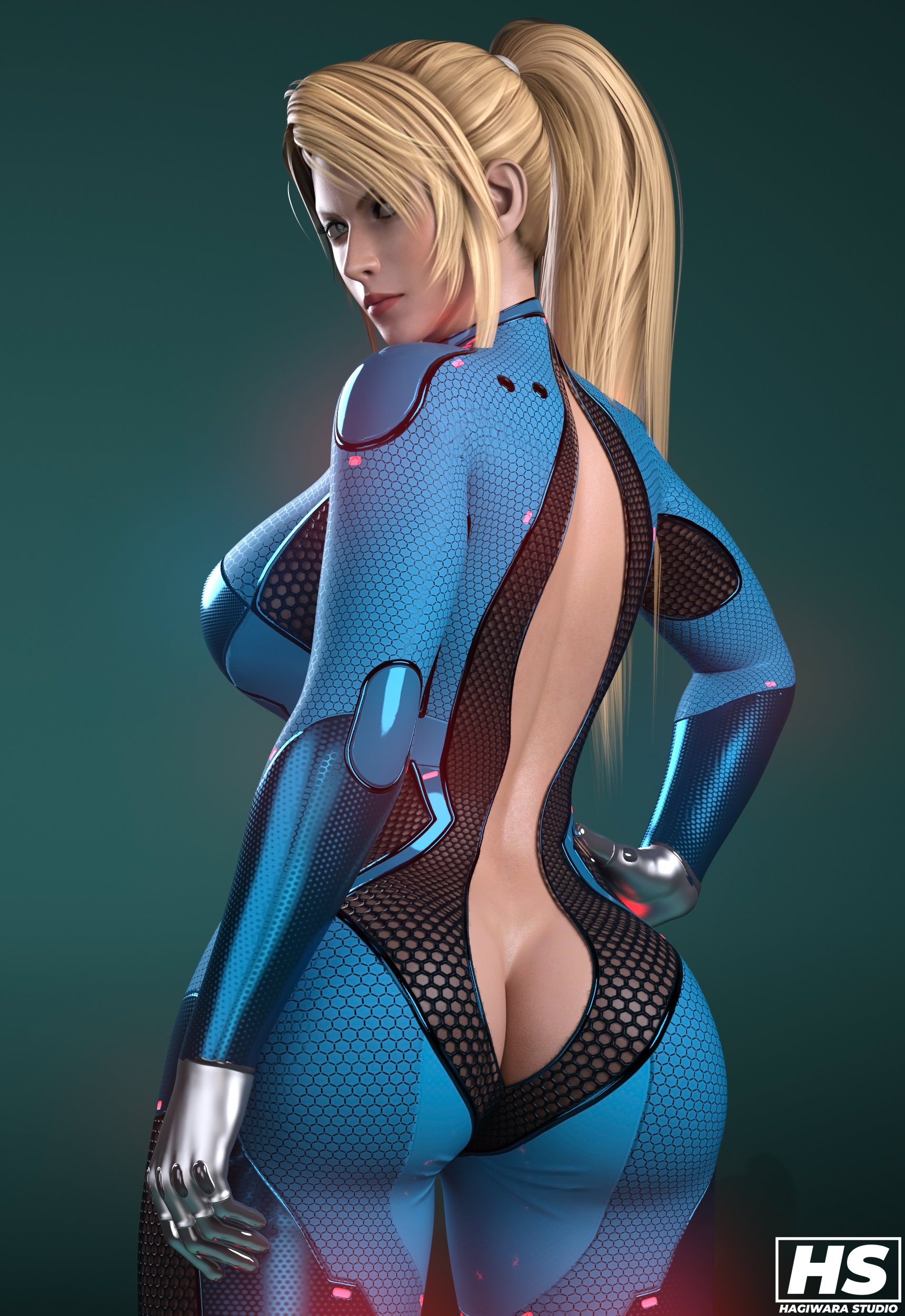 3d, ass, big ass, big breasts, bimbo, blonde hair, blue eyes, breasts, bubble butt, clothed, curvy, exposed stomach, fat ass, female, hagiwara studio, light skin, light-skinned female, looking at viewer, looking back, metroid, nintendo, ponytail, samus aran, sarah bryant (model), toned, toned female, virtua fighter
