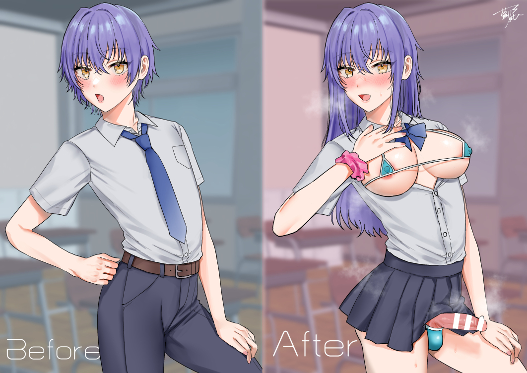 1boy, aina123, balls, balls in panties, before and after, blush, crossdressing, femboy, feminization, girly, male, male only, micro bikini, necktie, original, otoko no ko, purple hair, school uniform, sissification