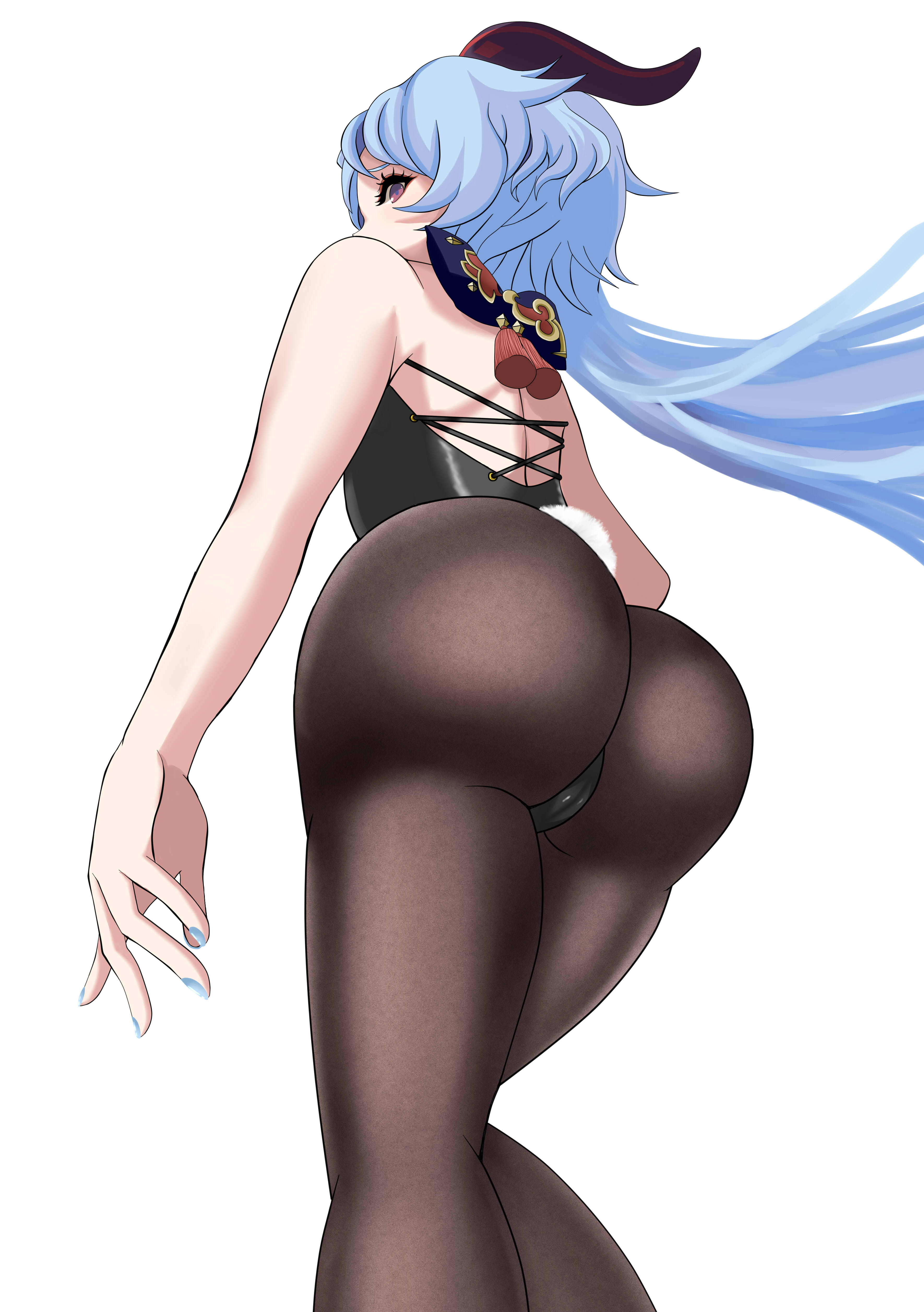 absurdres, ahoge, alternate costume, artist request, ass, bare shoulders, blue hair, blush, cameltoe, female, from behind, from below, ganyu (genshin impact), genshin impact, goat horns, highres, horns, huge ass, leotard, long hair, looking at viewer, looking down, pantyhose, playboy bunny, purple eyes, pussy, rabbit tail, shiny, shiny clothes, shiny skin, solo, tail, very long hair