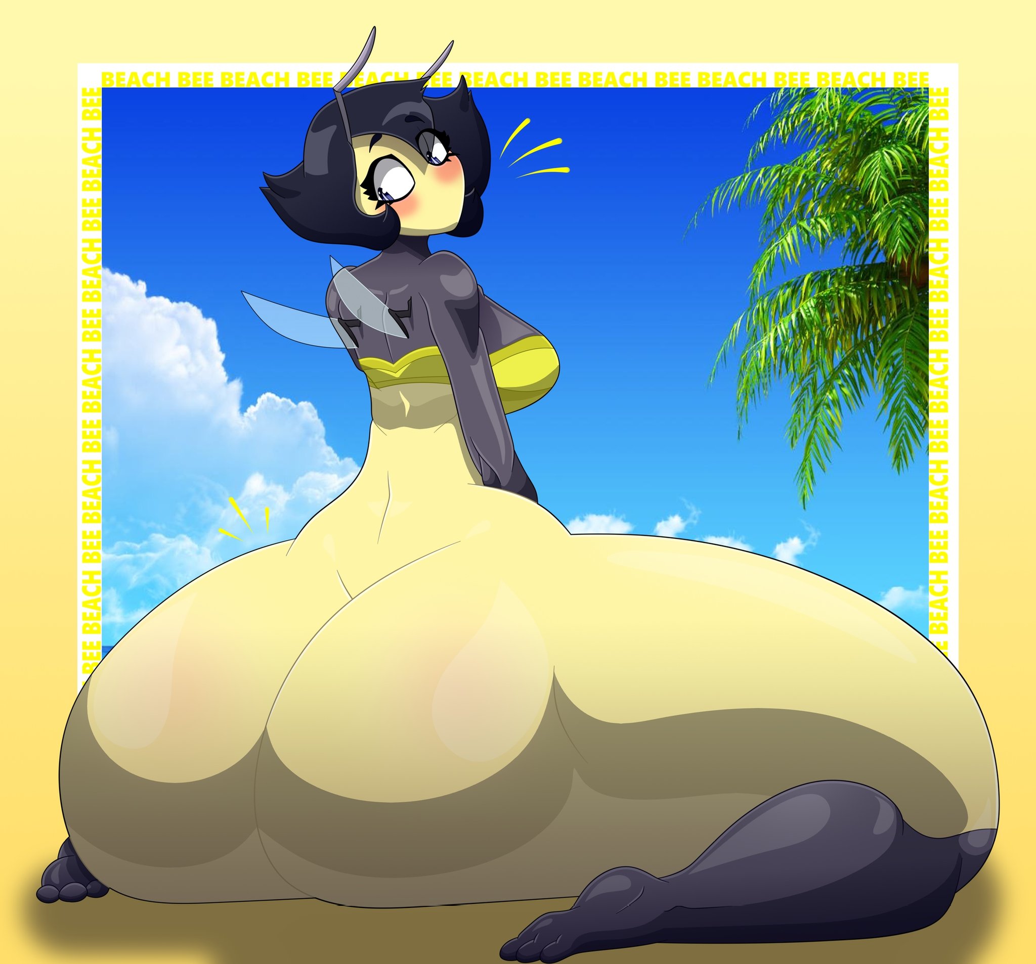 1girls, ass, ass bigger than breasts, ass bigger than head, ass bigger than torso, bee, bee girl, big breasts, blush, breasts, cute, enormous ass, fat thighs, female, gigantic ass, huge ass, hyper, hyper ass, karri, looking back, massive ass, mouthless, no mouth, short hair, tagme, thick thighs, ujanskiy, wings
