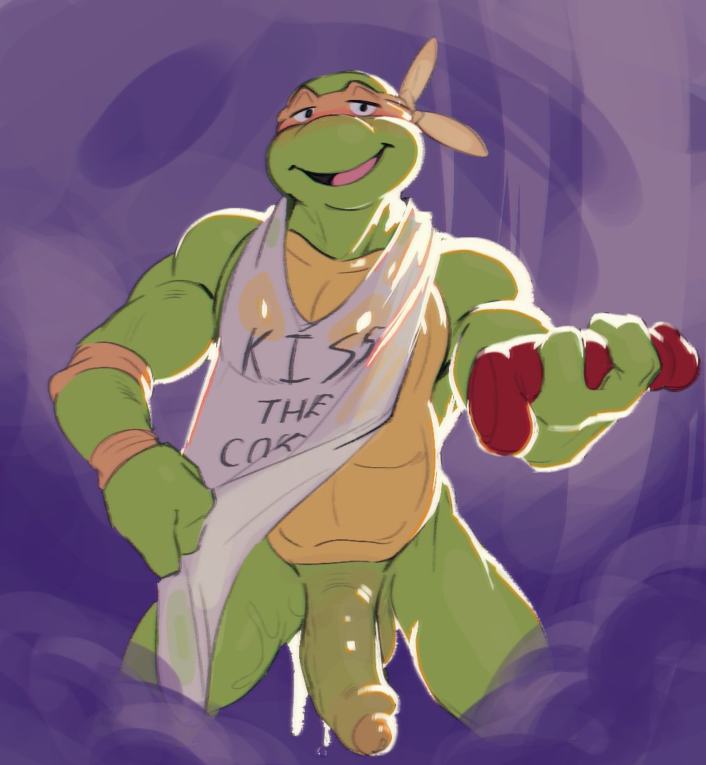 1boy anthro apron apron_aside balls clothing dangpa dildo english_text foreskin genitals glans green_balls green_body green_penis holding_dildo holding_object holding_sex_toy humanoid_dildo humanoid_genitalia humanoid_penis looking_at_viewer male male_only mask michelangelo michelangelo_(tmnt) open_mouth open_smile orange_mask partially_retracted_foreskin penis penis_dildo reptile scalie sex_toy smile solo teenage_mutant_ninja_turtles text turtle