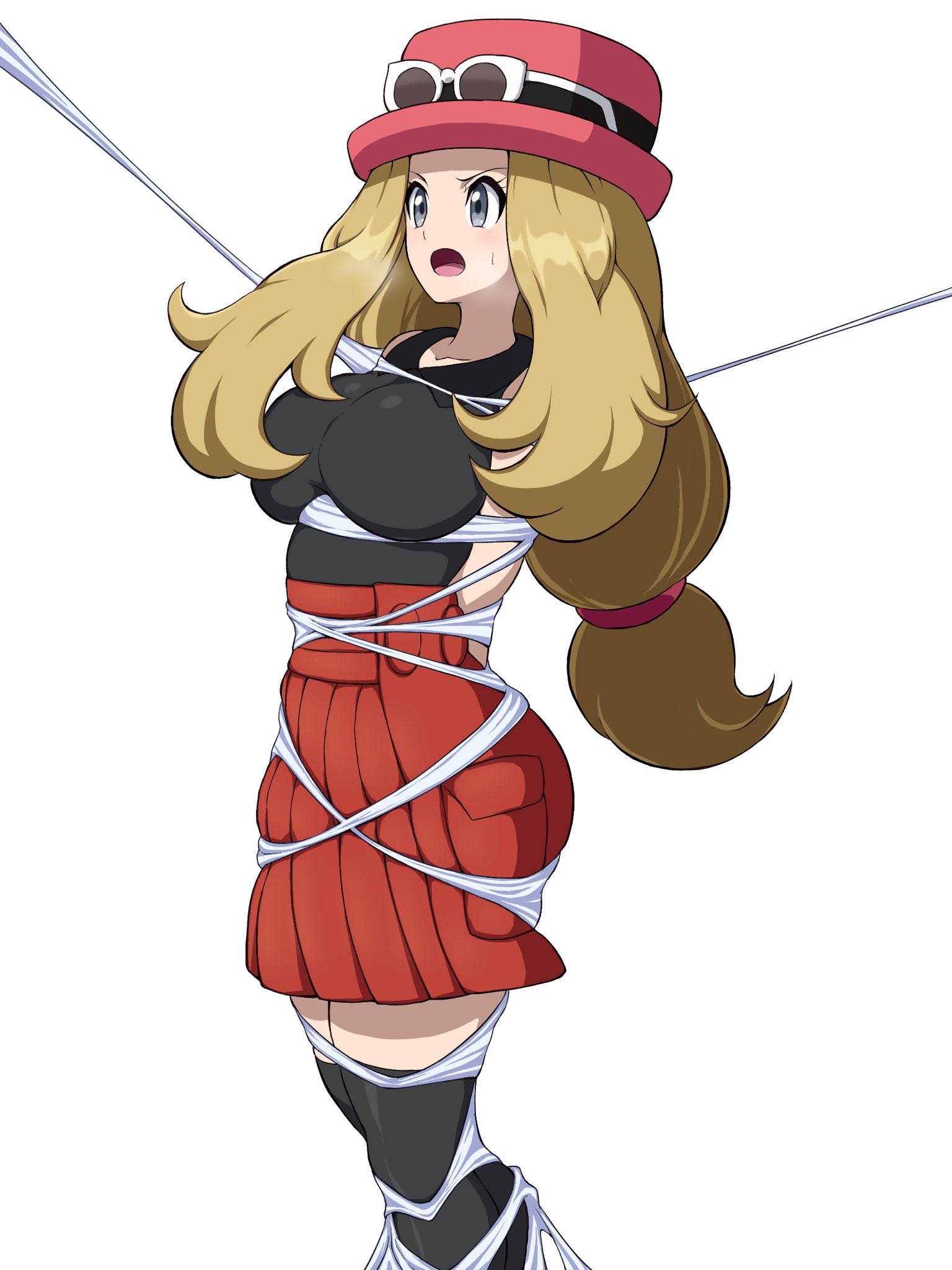 1girls, blonde hair, bondage, bound, breasts, female, grey eyes, hat, hi res, long hair, nintendo, okra sticky, pokemon, pokemon xy, restrained, serena (pokemon games), serena (pokemon), skirt, solo, spider web, stockings, tied, tied up, web bondage