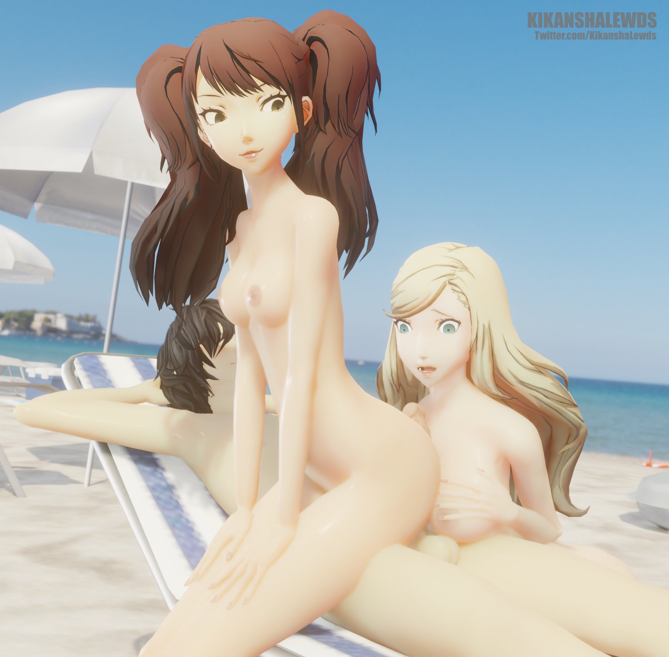 3d, ann takamaki, ass, assjob, atlus, balls, beach, beach chair, beach umbrella, breasts, buttjob, completely nude, erection, female, kikanshalewds, kujikawa rise, light skin, light-skinned female, light-skinned male, male, male/female, naked, nude, outdoor sex, outside, penis, persona, persona 4, persona 5, ren amamiya, testicles