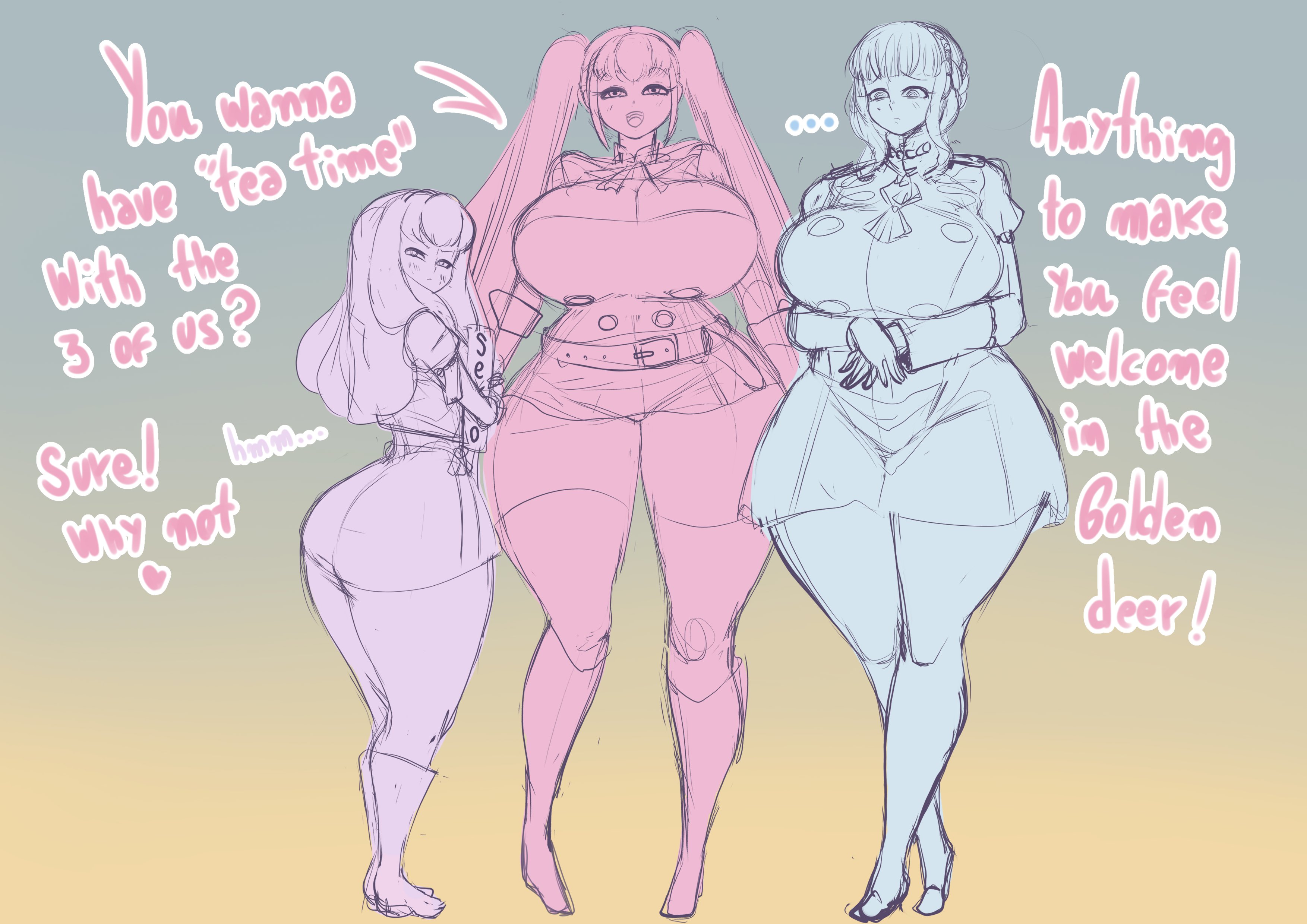 ..., @ @, 3girls, ass, bangs, blue hair, book, boots, breasts, curvy, dedalo, english text, female, female only, fire emblem, fire emblem: three houses, frown, garreg mach monastery uniform, grey hair, hilda valentine goneril, huge breasts, large ass, long hair, looking at viewer, looking back, lysithea von ordelia, marianne von edmund, multiple females, multiple girls, nintendo, pink hair, short hair, text, thick thighs, thighhighs, thighs, twintails, very long hair, voluptuous, wide hips