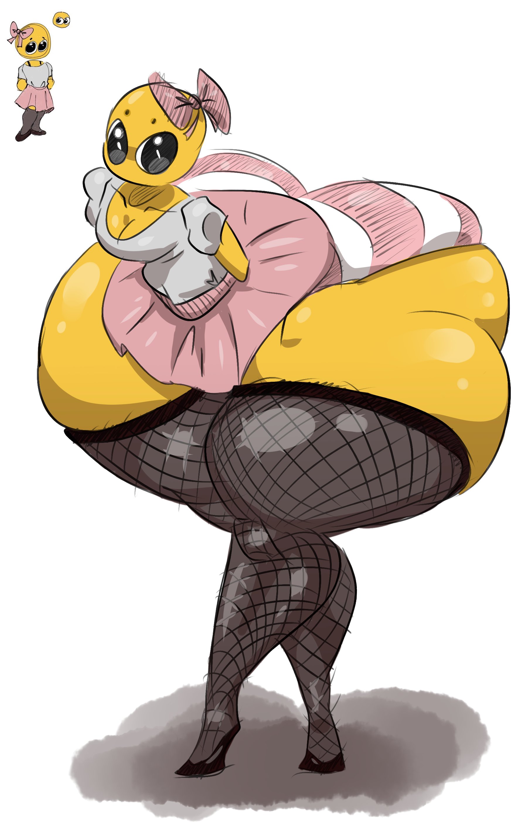 1girls, ass, ass bigger than body, ass bigger than breasts, ass bigger than head, ass bigger than skirt, bald, big breasts, bow, breasts, cute, emoji, emoji (race), enormous ass, fat ass, fat thighs, female, fishnets, gigantic ass, huge ass, hyper, hyper ass, looking at viewer, massive ass, panties, skirt, striped panties, tagme, thick thighs, ujanskiy, wide hips