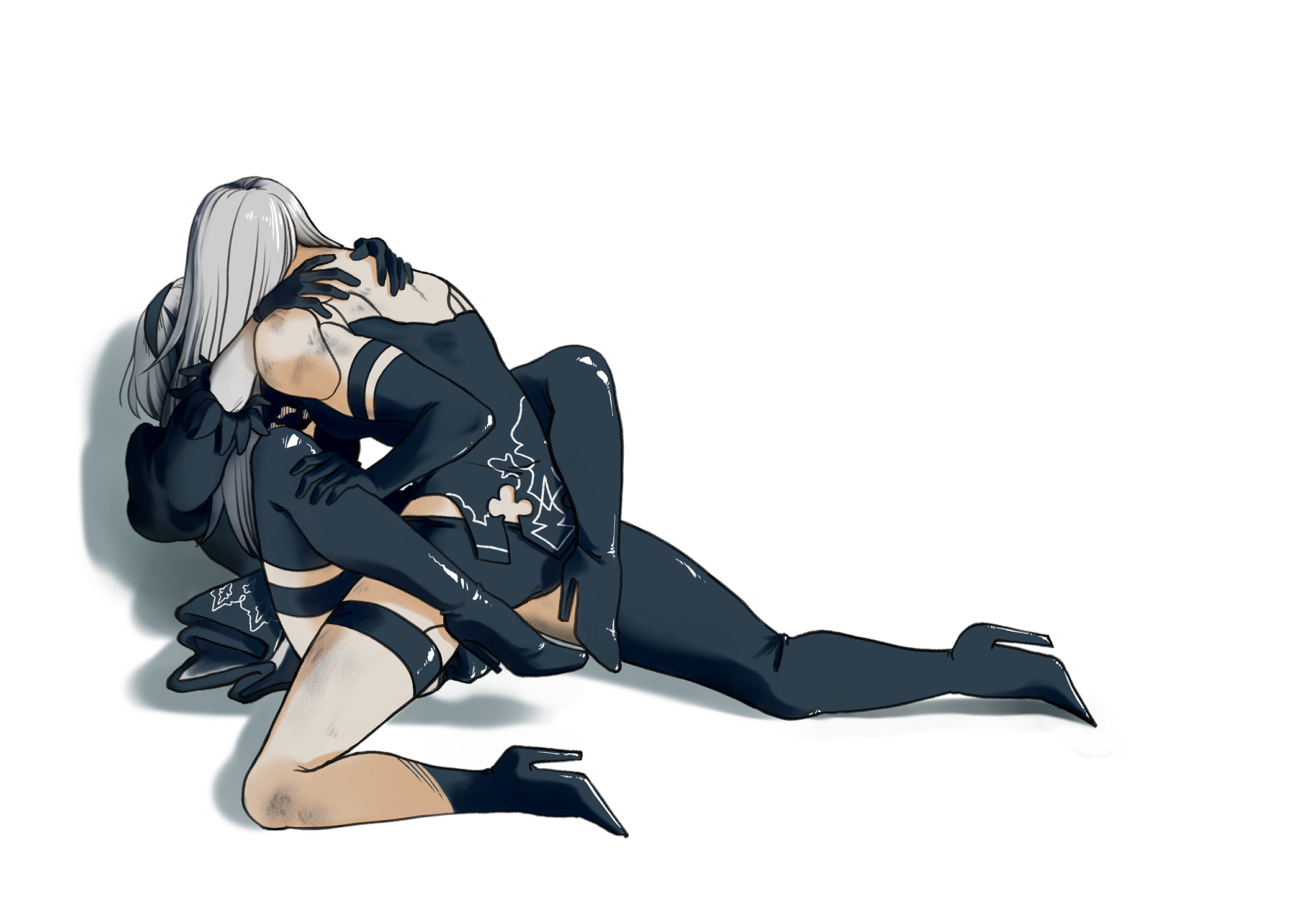 2girls, clothed sex, clothing, female, female only, heels, kissing, legs wrapped around partner, light skin, light-skinned female, missionary, multiple females, multiple girls, nier, nier: automata, racqueer, thick thighs, yorha 2b, yorha a2, yuri