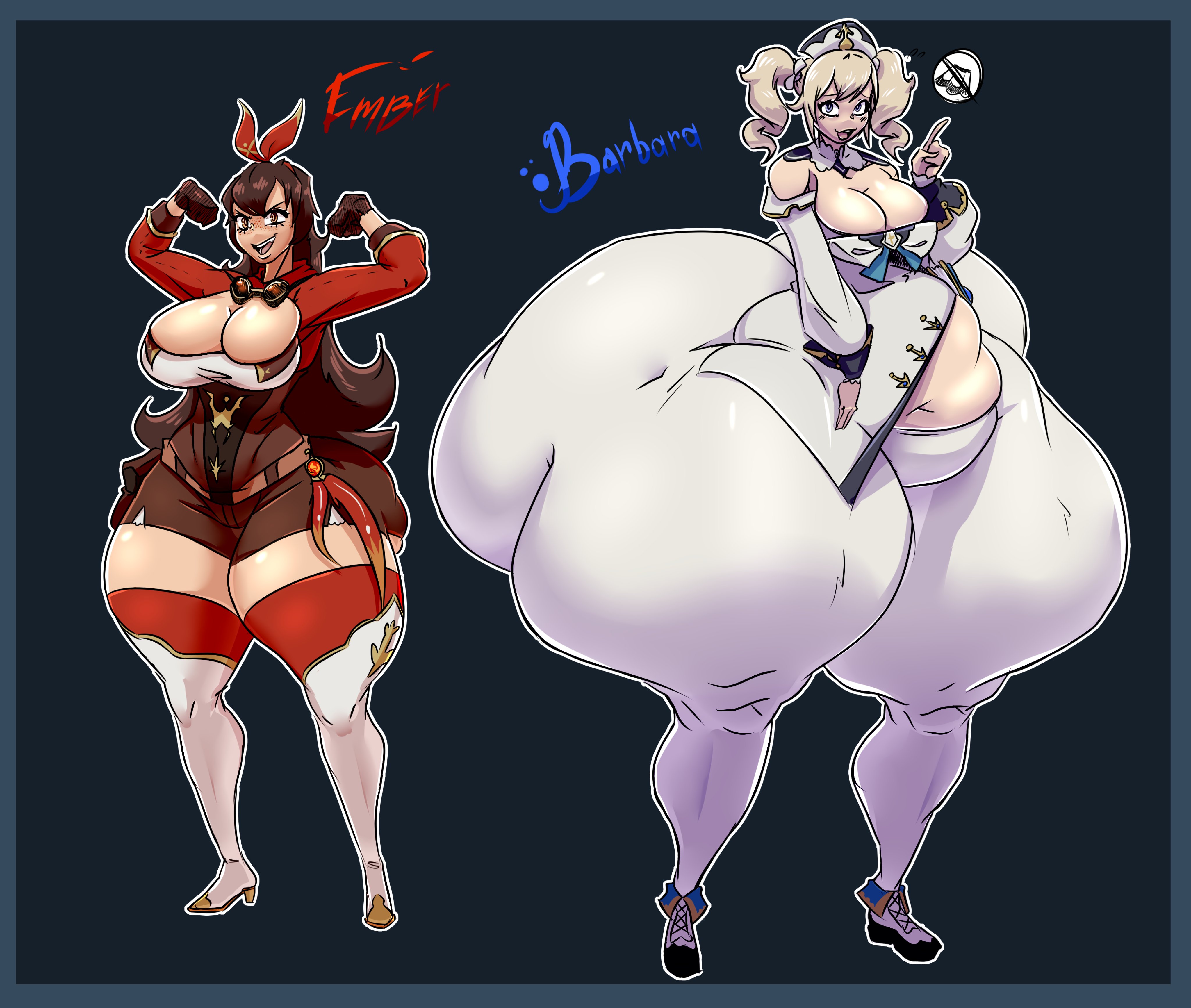 2021, 2girls, amber (genshin impact), ass, ass bigger than body, ass bigger than breasts, ass bigger than head, ass body, barbara (genshin impact), big breasts, bottom heavy, breasts, breasts bigger than head, curvaceous, curvy, duo, duo focus, enormous ass, enormous breasts, enormous thighs, fat thighs, female, female focus, female only, genshin impact, gigantic ass, gigantic thighs, huge ass, huge breasts, huge thighs, hyper, hyper ass, hyper hips, hyper thighs, larger female, long hair, looking at viewer, massive ass, multiple females, multiple girls, nun, size difference, smaller female, thick thighs, thighs, ujanskiy, voluptuous, wide hips