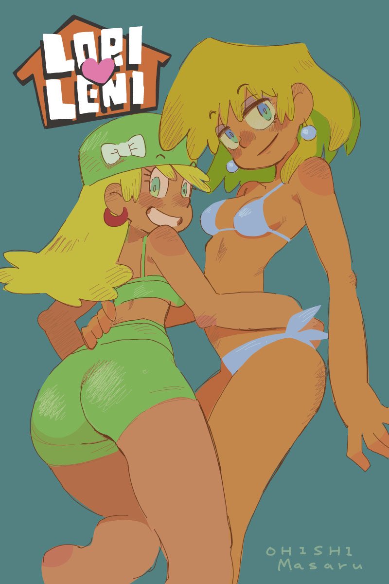 2girls, ass, big ass, big butt, bikini, blonde female, bow, breasts, cleavage, duo, earrings, female, female only, hands on back, large ass, leni loud, lori loud, masaru ohishi, panties, smile, swim cap, swimsuit, swimwear, tan body, the loud house