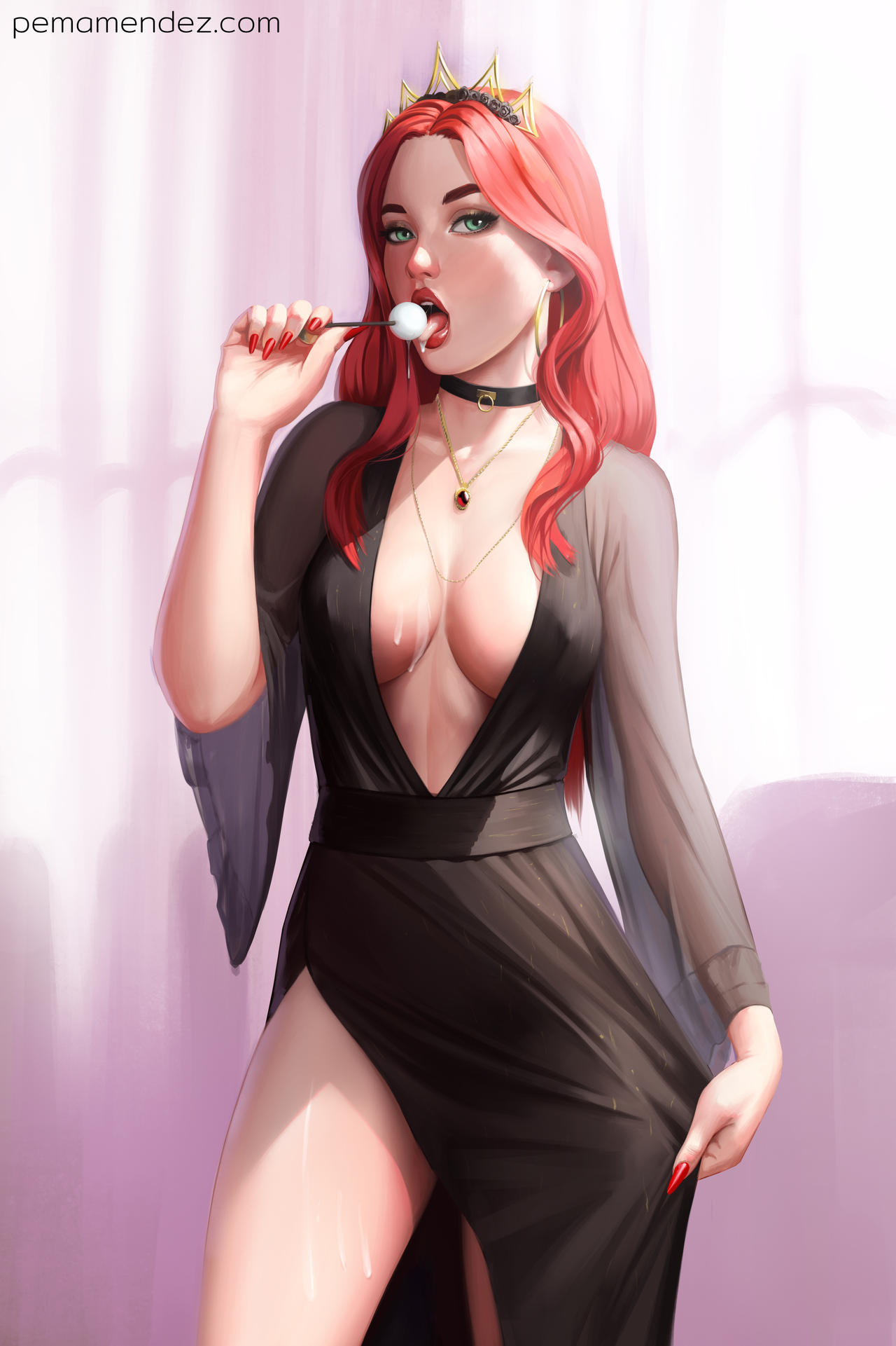 black_dress clothed collar deep_cleavage dress green_eyes licking_lollipop looking_at_viewer nipples_visible_through_clothing open_mouth original_character pemamendez red_hair red_lipstick see-through slit_dress sole_female thighs tiara transparent_clothing