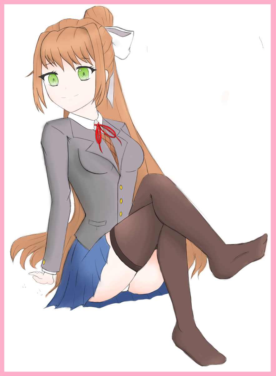 5_fingers blue_skirt breasts crossed_legs doki_doki_literature_club female female_only green_eyes iseiryu_ long_hair monika_(doki_doki_literature_club) panties pantyshot pantyshot_(sitting) school_uniform schoolgirl skirt white_panties