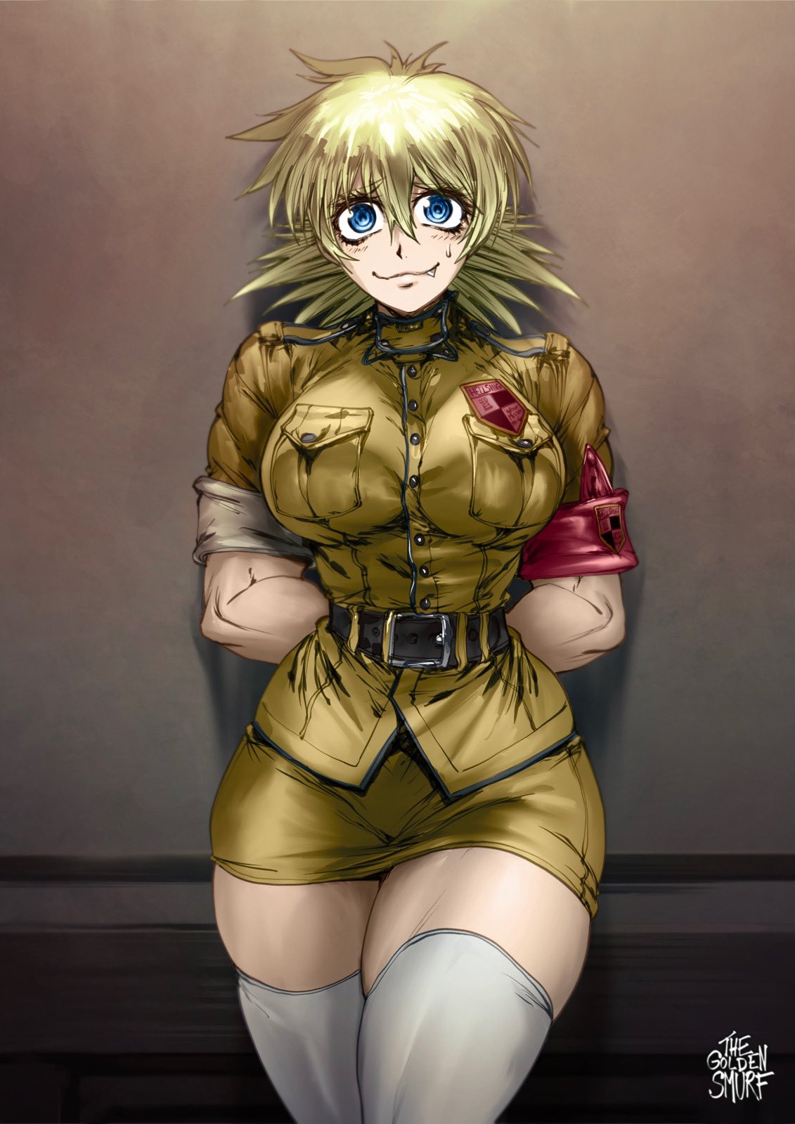 1girls arms_behind_back athletic_female big_breasts blonde_hair blue_eyes fang female female_only hellsing hellsing_ultimate hi_res leaning_against_wall light_blush looking_at_viewer oerba_yun_fang seras_victoria skirt smiling smiling_at_viewer solo solo_female thegoldensmurf thick_thighs thighhighs white_thighhighs