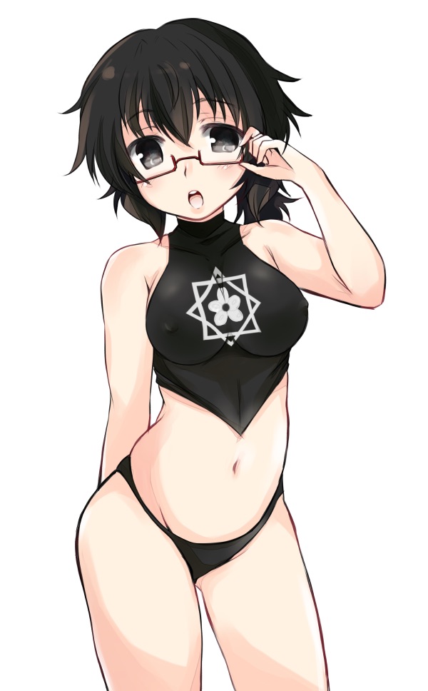 1girls abenattou belly_button black_hair blush dark_hair female_only girls_und_panzer glasses gray_eyes grey_eyes nipples_visible_through_clothing open_mouth open_mouth oryou_(girls_und_panzer) short_hair solo solo_female solo_focus