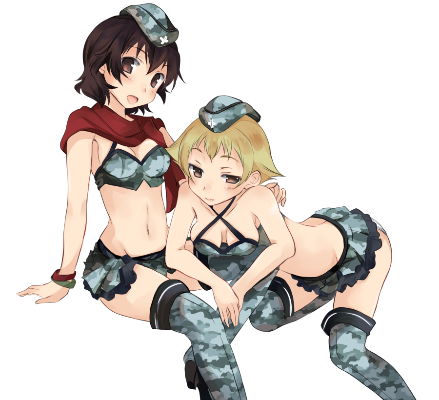 2girls abenattou blonde_hair blonde_hair brown_hair caesar_(girls_und_panzer) duo erwin_(girls_und_panzer) female female_only girls_und_panzer headwear light-skinned_female light_skin open_mouth scarf short_hair