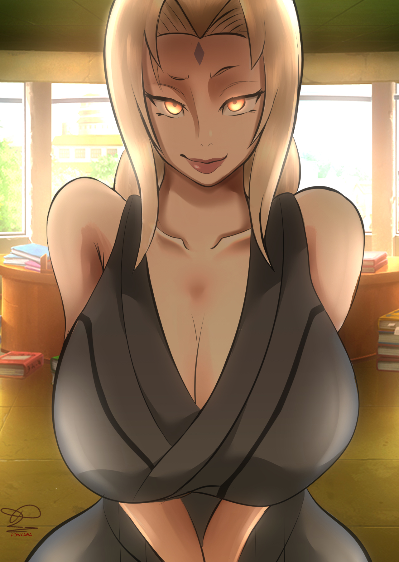 1girls, alternate version available, big breasts, blonde hair, breast focus, breasts, cleavage, clothing, female, female only, hair, huge breasts, large breasts, lips, looking at viewer, mature, mature female, milf, naruto, naruto (series), orange eyes, powkasa, seductive, seductive smile, smile, solo, solo female, thick lips, topwear, tsunade