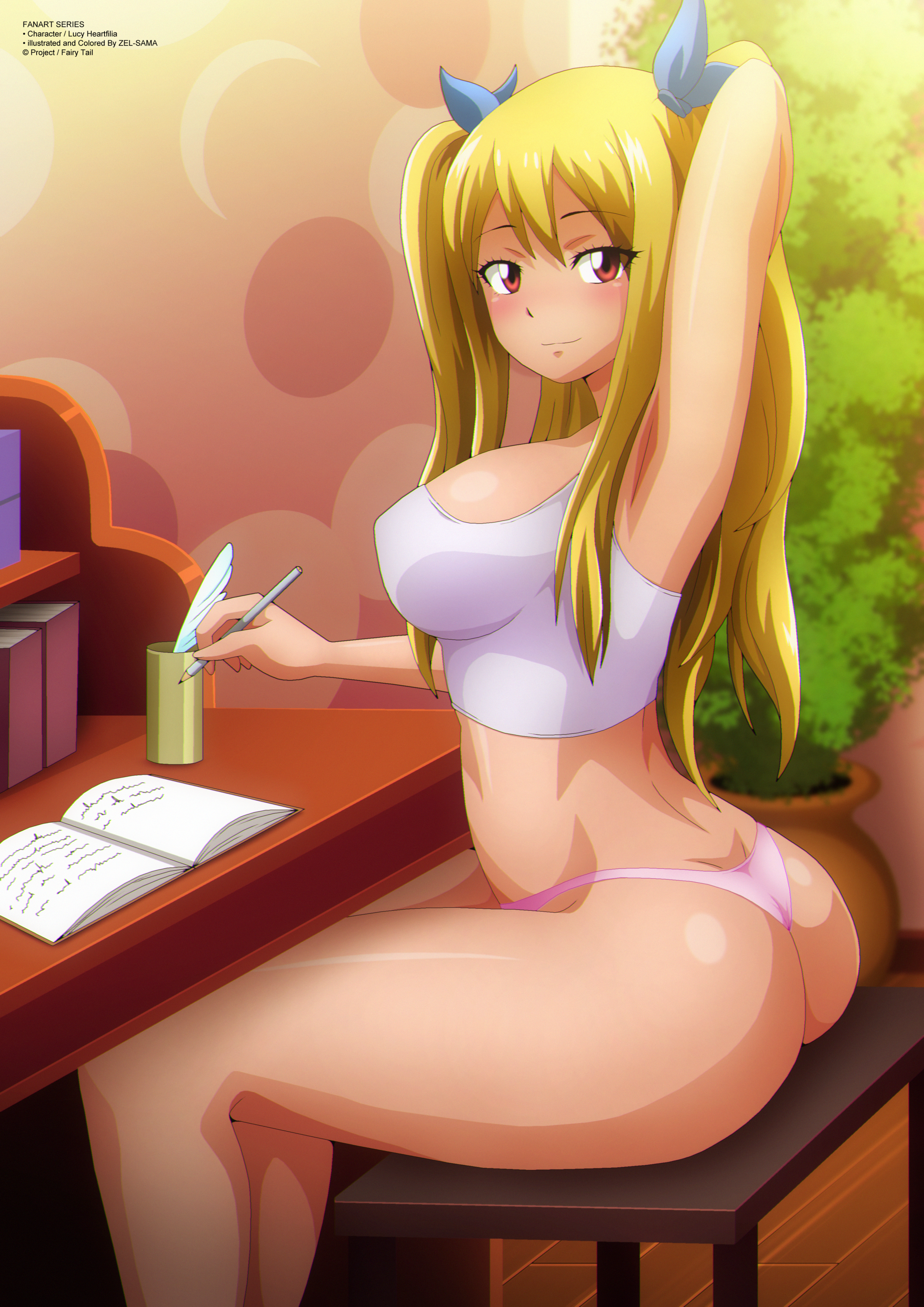 1girls, ass, ass focus, big ass, big breasts, blonde hair, blonde-haired female, blush, breasts, brown eyes, cute, fairy tail, female, looking at viewer, lucy heartfilia, panties, pink thong, seductive, seductive smile, thong, top, twintails, zel-sama