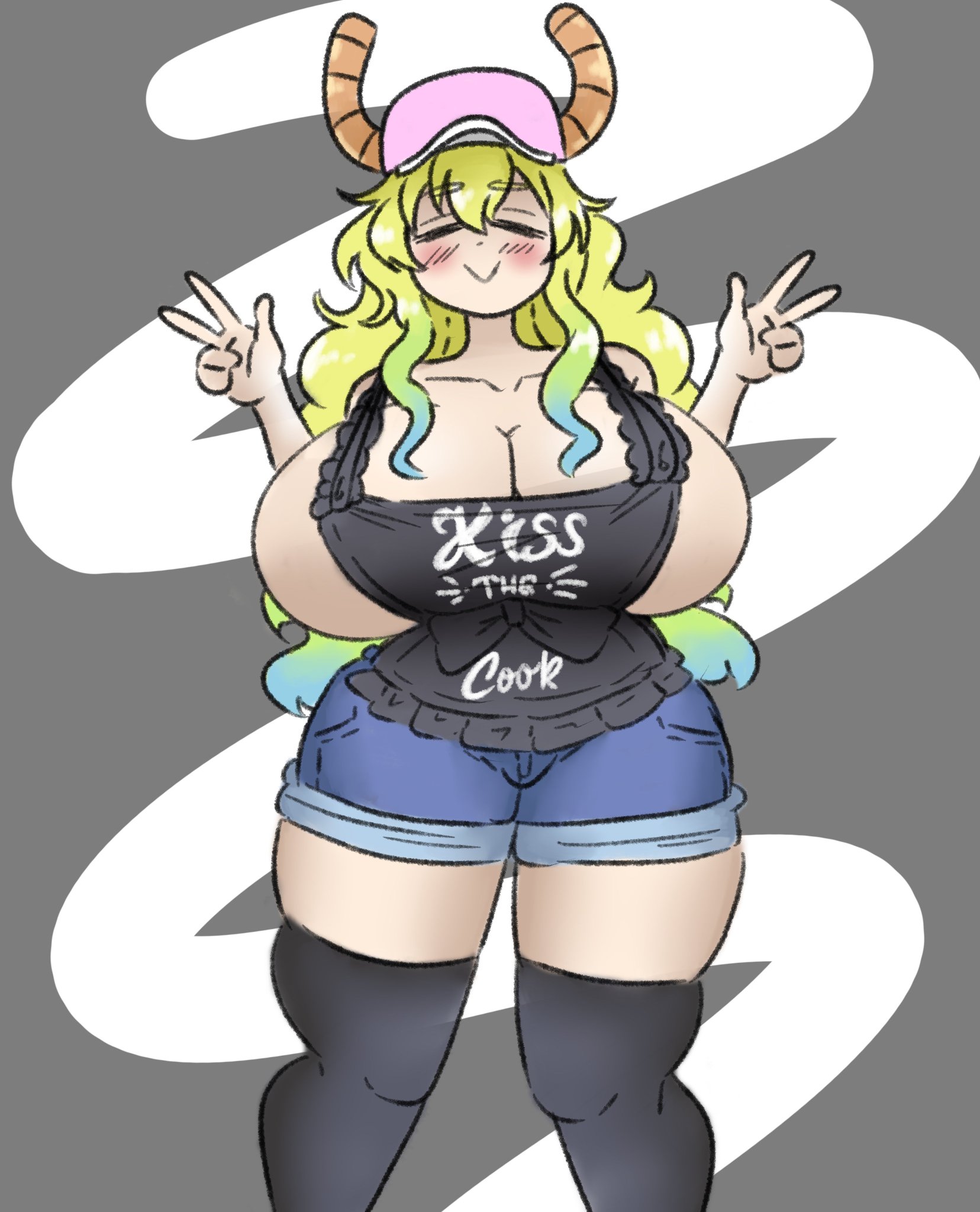 1girls, apron, baseball cap, big breasts, black apron, black thighhighs, blonde hair, blue shorts, blush, bottomwear, breasts, closed eyes, double v, female, female only, hair, hat, horns, huge breasts, inakotho, large breasts, long hair, massive breasts, mature, mature female, miss kobayashi's dragon maid, peace sign, quetzalcoatl (dragon maid), shorts, smile, solo, solo female, thick thighs, thighhighs, thighs, two-tone hair, v