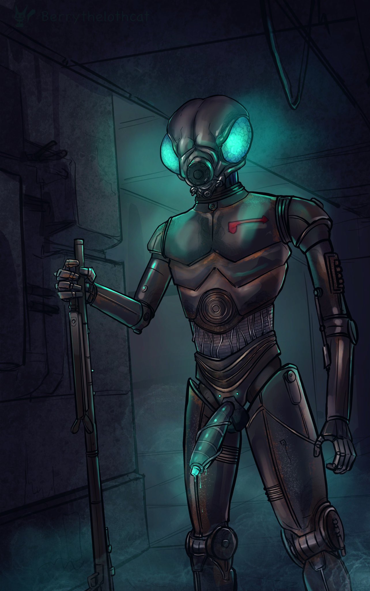 2022 4-lom berrythelothcat blue_eyes detailed_background droid erection glowing glowing_eyes hi_res humanoid machine male metallic_body not_furry portrait protocol_droid robot robot_humanoid solo standing star_wars three-quarter_portrait