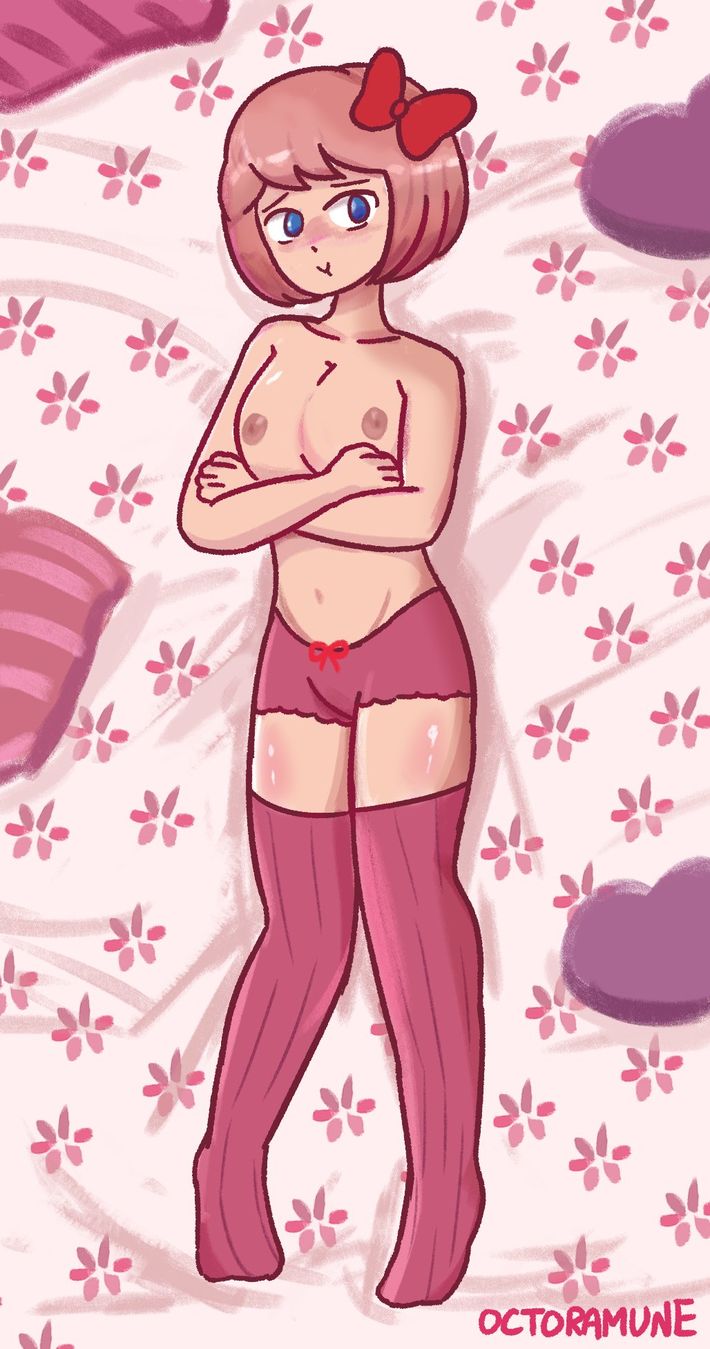 blue eyes, bow, breasts, commission, doki doki literature club, female, hairbow, just sayori, laying down, laying on back, laying on bed, nipples, octoramune, pouting, red bow, red hair bow, sayori (doki doki literature club)