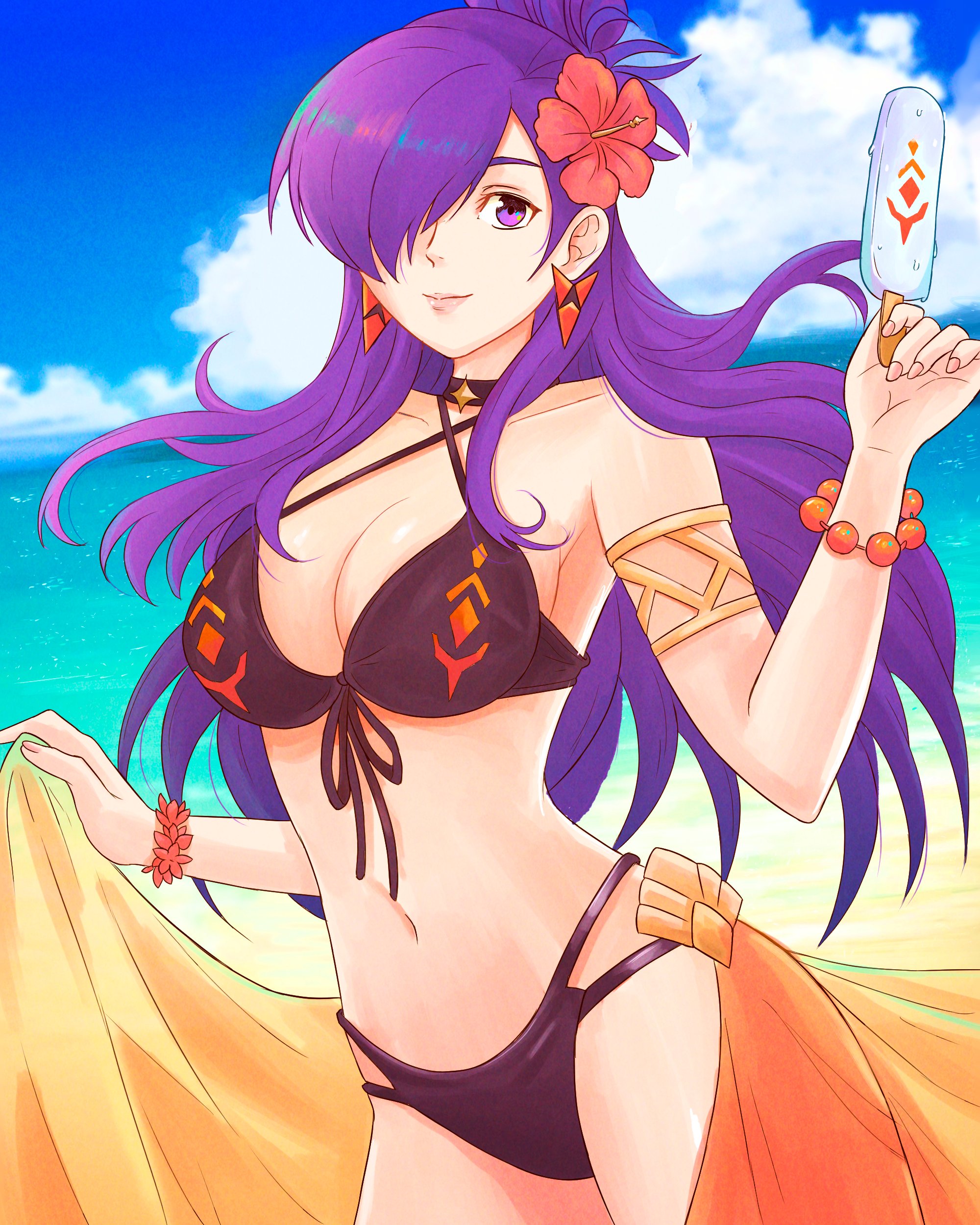 1girls, absurdres, bangs, beach, bikini, black swimsuit, breasts, cape, choker, cleavage, female, female only, fire emblem, fire emblem warriors: three hopes, fire emblem: three houses, food, hair bun, hair over one eye, highres, ice cream, long hair, looking at viewer, medium hair, nintendo, purple eyes, purple hair, sarong, shez (fire emblem), shez (fire emblem) (female), single hair bun, solo, swimsuit, truejekart