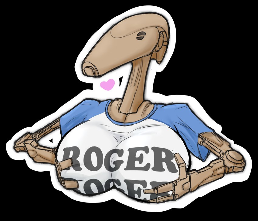 1girls, 2022, b1 battle droid, battle droid, big breasts, black background, breast grab, breast squeeze, breasts, clothed, clothing, droid (star wars), female, groping, heart, holding, holding breast, humanoid, mega milk, robot, robot humanoid, shirt, short sleeves, simple background, solo, star wars, t-shirt