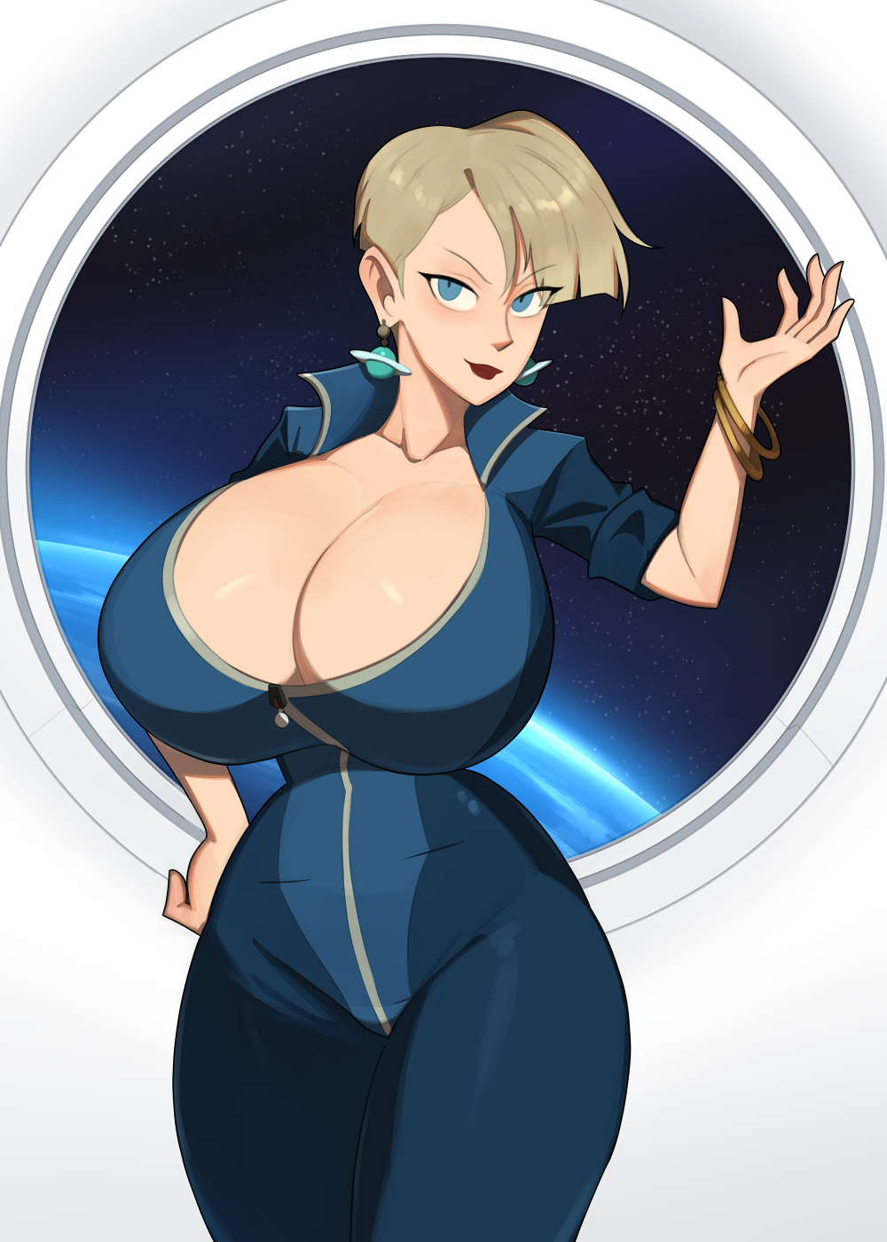 barleyshake, big breasts, blue eyes, breasts, breasts bigger than head, character request, cowboy shot, female, jumpsuit, tagme, unknown character