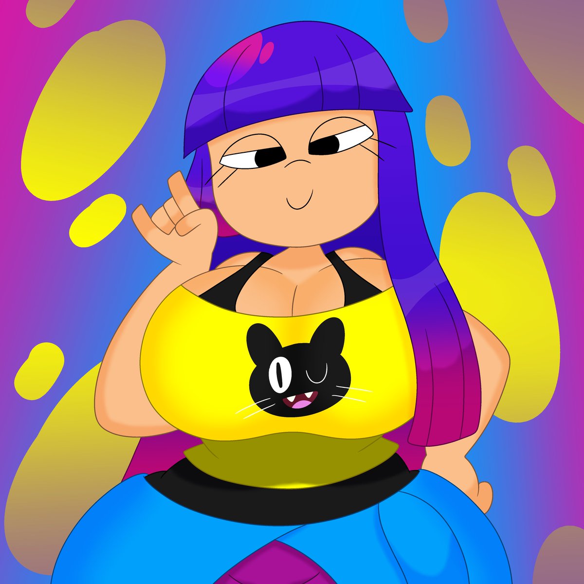 1girls, 3barts, big breasts, breasts, female, glitch techs, looking at viewer, miko kubota, nickelodeon, purple hair, solo, thick thighs, thunder thighs, wide hips