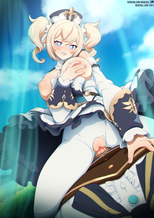 1boy, 1girls, barbara (genshin impact), blonde hair, breast grab, breasts, clothed sex, cowgirl position, crotchless, female, genshin impact, male, neocoill, nipples, nun, outdoors, penis, pov, pussy, sex, sex through clothes, torn clothes, twintails, vaginal penetration, venti (genshin impact)