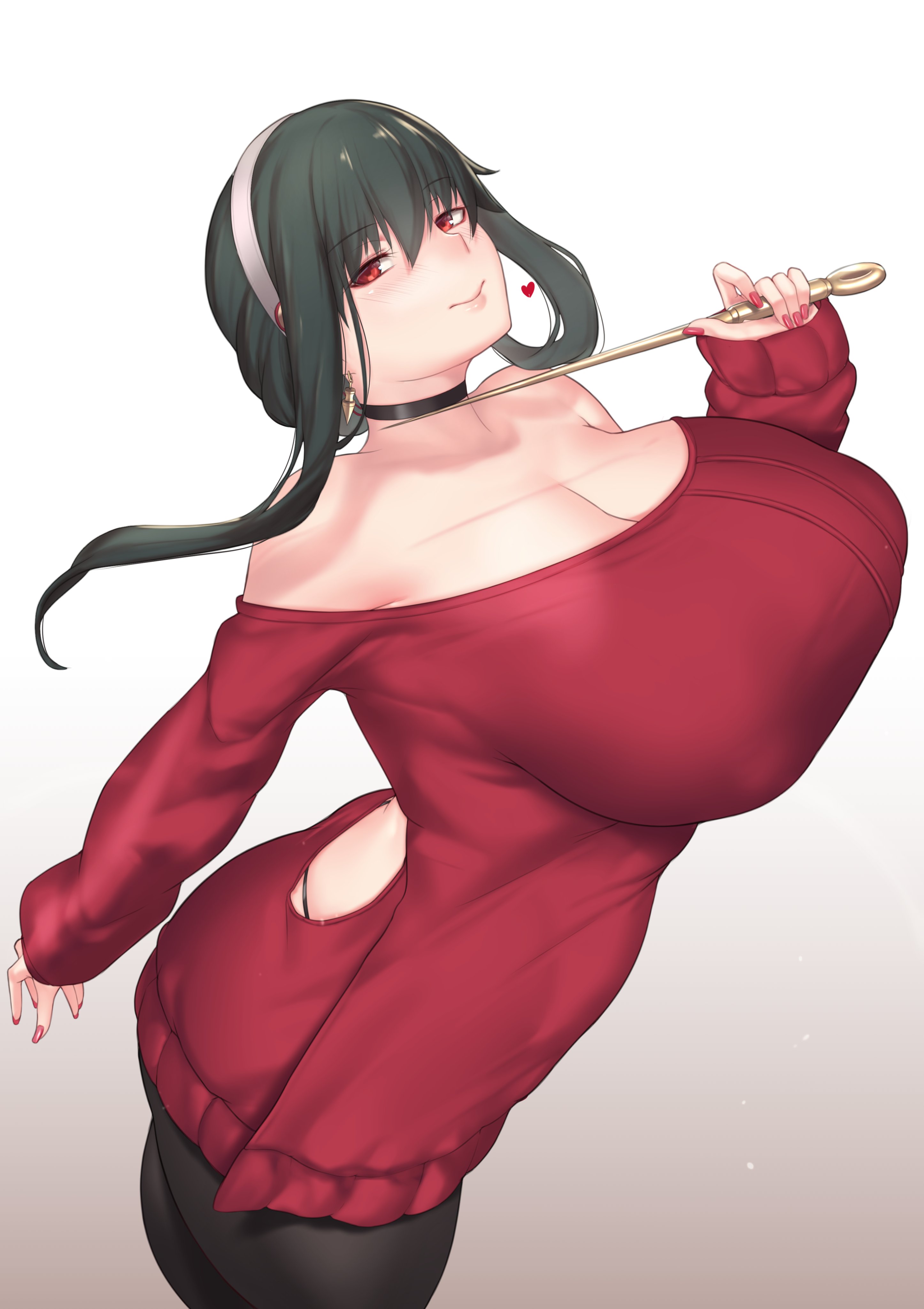 1girls, alternate version available, assassin, aster crowley, big breasts, black hair, breasts, cleavage, clothed, female, female focus, female only, heart, large breasts, legwear, long black hair, long hair, looking at viewer, red eyes, smile, solo, solo female, solo focus, spy x family, stiletto (weapon), thorn princess, yor briar, yor forger