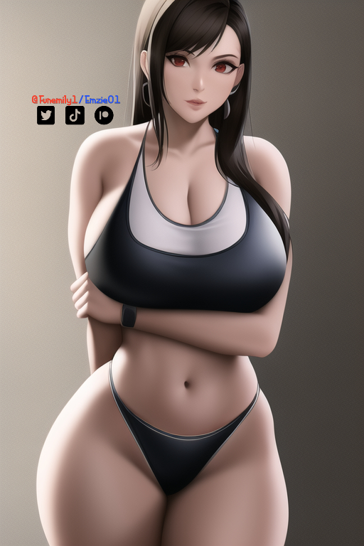 1girls, ai generated, artist self-insert, black hair, breasts, cleavage, curvy, curvy female, curvy figure, female, final fantasy, final fantasy vii, funemily1, large breasts, looking at viewer, nai diffusion, panties, red eyes, sideboob, sports bra, stable diffusion, tagme, thick thighs, tifa lockhart, watermark