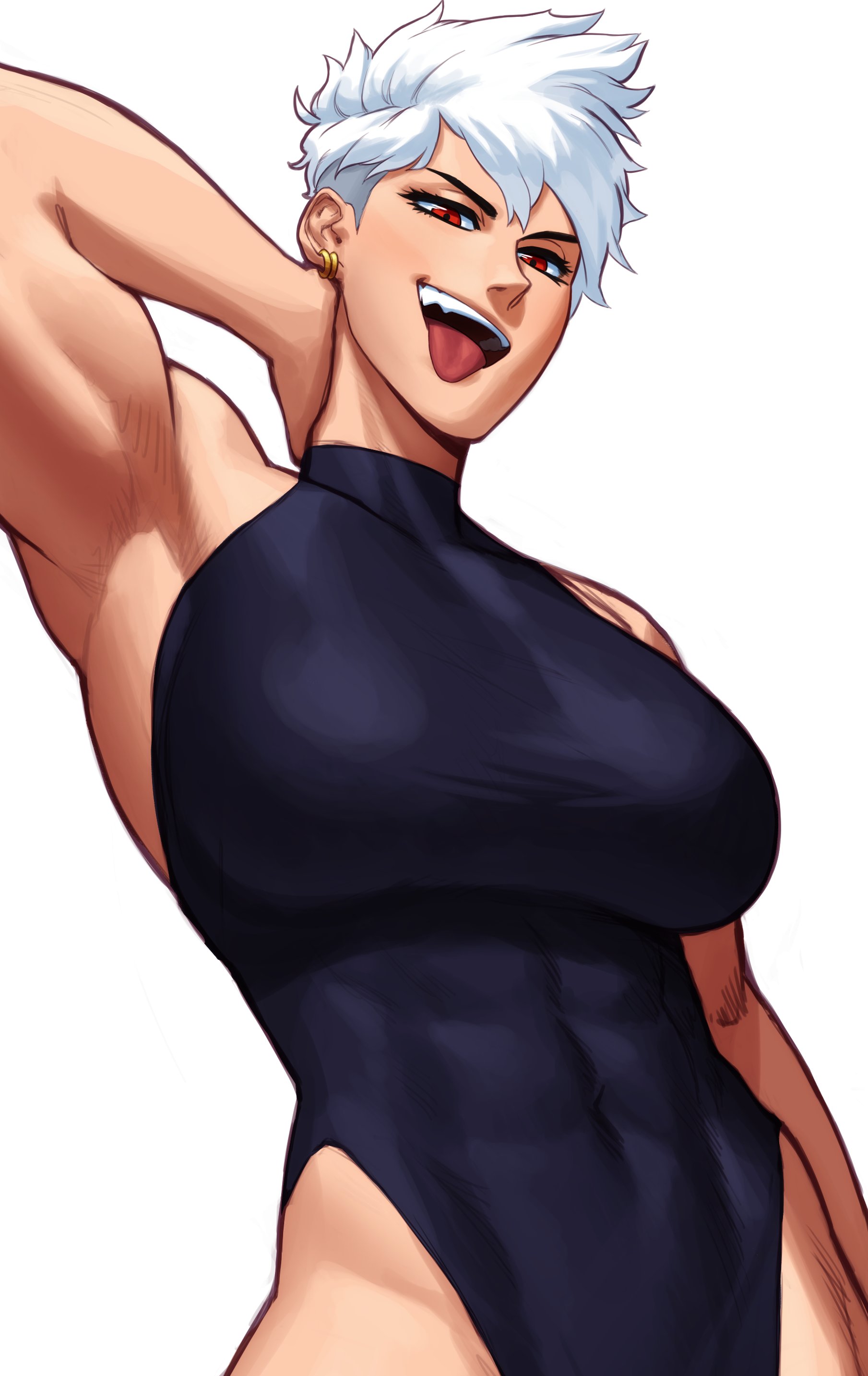 1girls, arm behind head, big breasts, breasts, dragon ball, female, female only, hi res, kei (subway gorilla), leotard, looking at viewer, narrowed eyes, open mouth, original, original character, red eyes, saiyan, short hair, smiling at viewer, solo, solo female, sotcho, toned, toned female, tongue, tongue out, upper body, white background, white hair