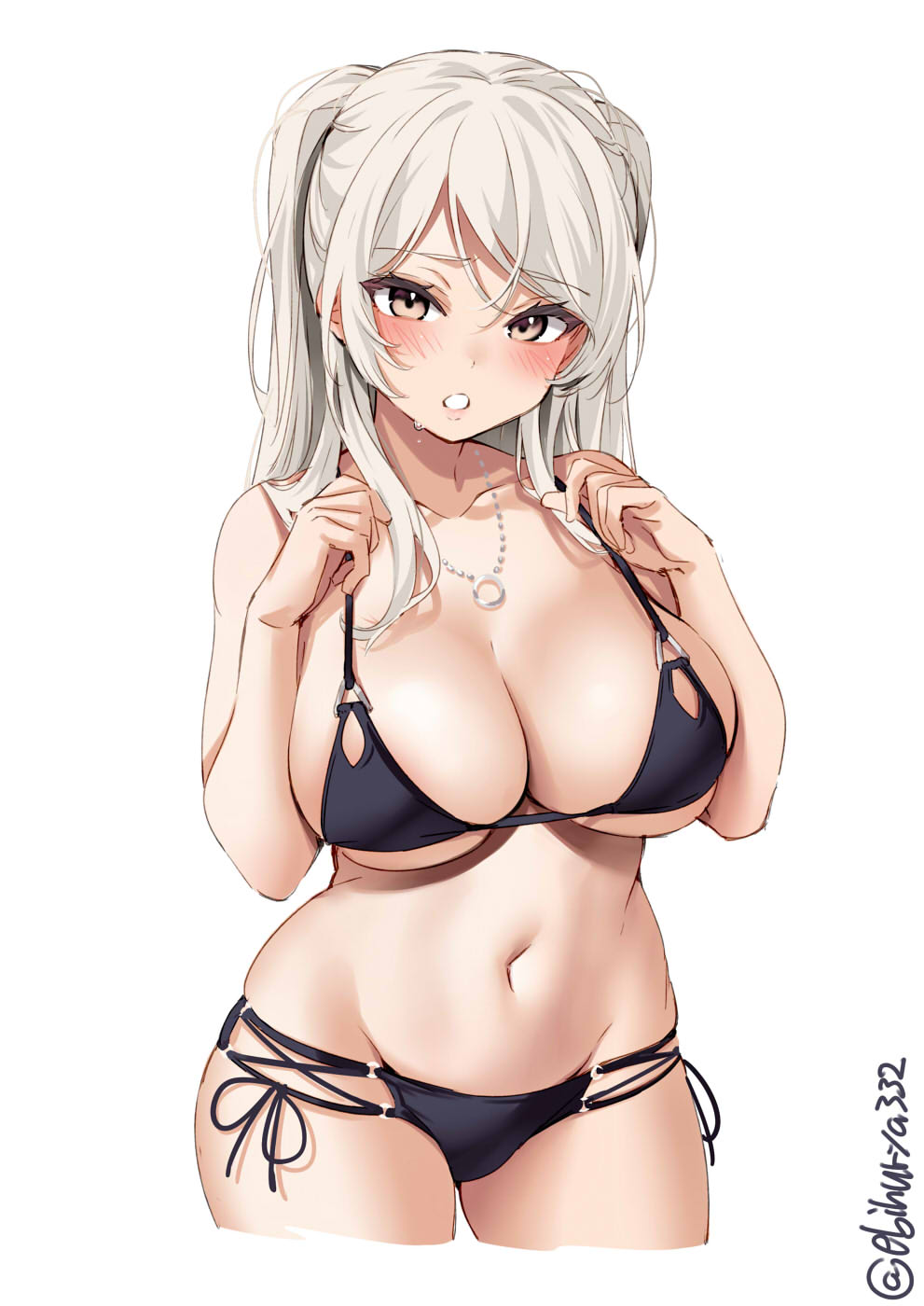 bikini black_bikini blush breasts brown_eyes cleavage collarbone conte_di_cavour_(kantai_collection) cowboy_shot cropped_legs ebifurya eyebrows_behind_hair female grey_hair hair_between_eyes highres jewelry kantai_collection large_breasts long_hair looking_at_viewer multi-strapped_bikini navel necklace o-ring o-ring_bikini o-ring_bottom o-ring_top open_mouth ring solo stomach swimsuit twitter_username two_side_up white_background