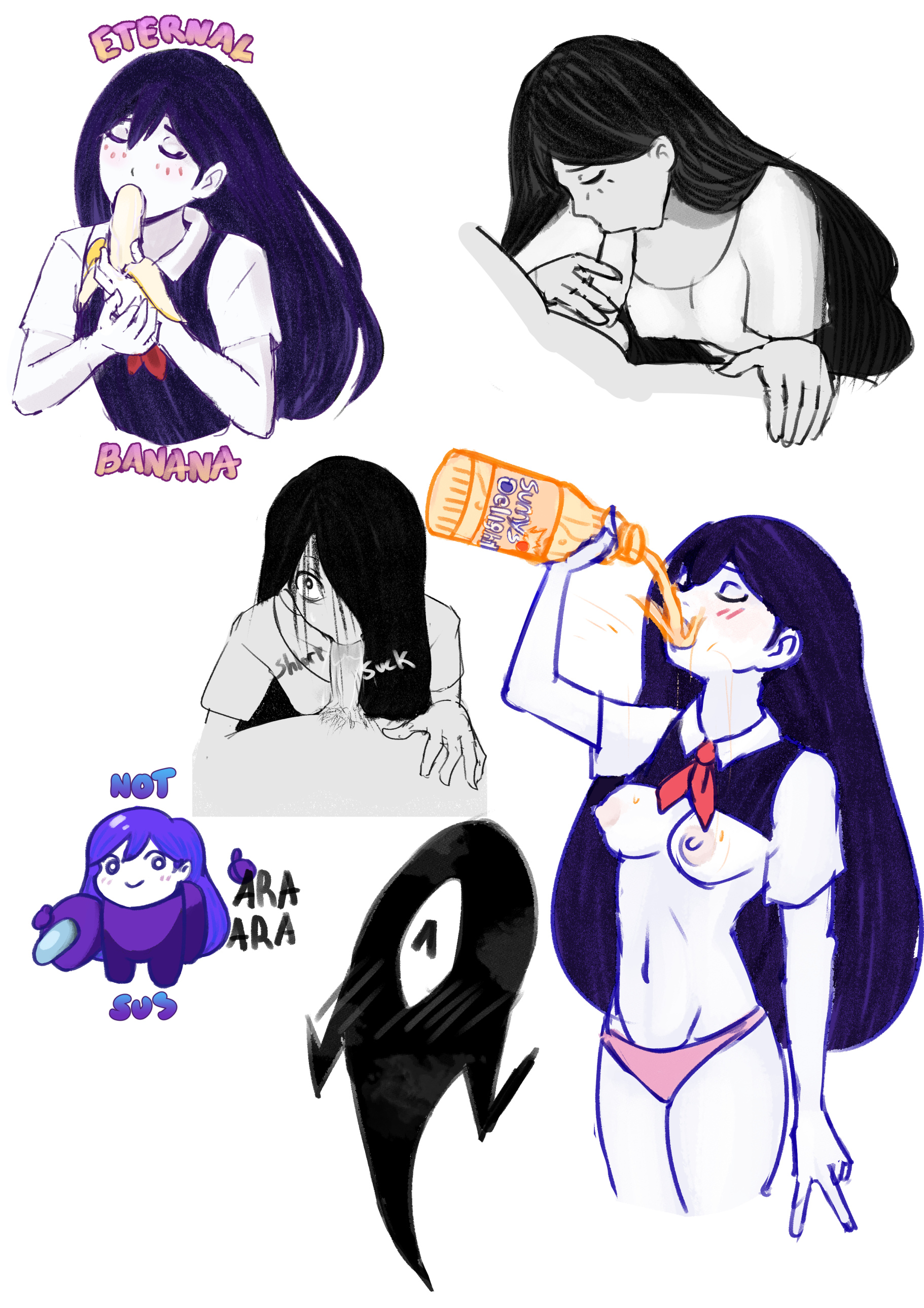 among us, blowjob, breasts, comedy, eternal banana (omori), fellatio, female, funny, humor, junopea, mari (omori), mob face, omori, something (omori)