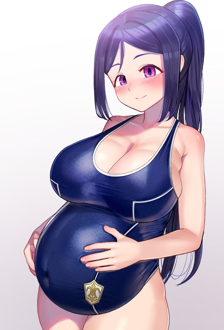 big breasts, blue hair, blush, breasts, cleavage, egao sikorsky, female, female only, hand on belly, hands on belly, holding belly, huge breasts, long hair, looking at viewer, love live!, love live! sunshine!!, matsuura kanan, one-piece swimsuit, ponytail, pregnant, purple eyes, school swimsuit, skin tight, smile, solo, swimsuit