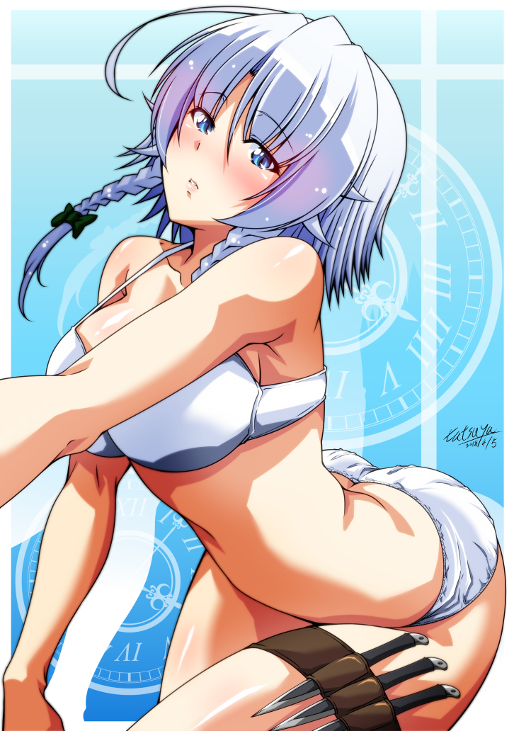 1girls blue_eyes blue_hair knives looking_at_viewer sakuya_izayoi tagme tatsuya_(guild_plus) touhou underwear