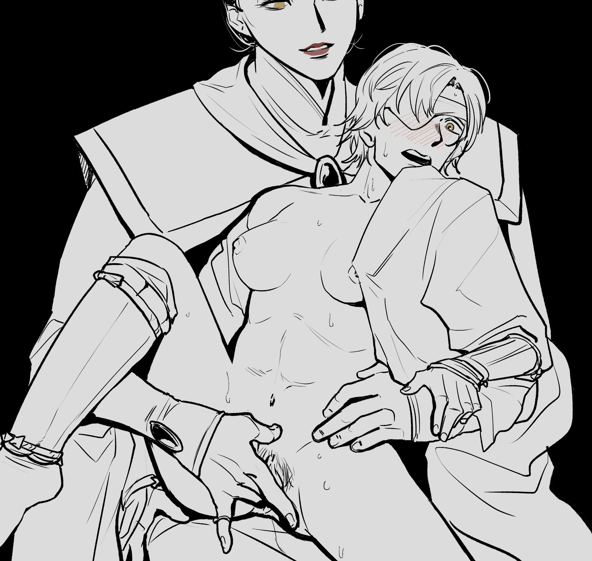 2girls, bonedwoo, clothing, elden ring, female, female only, fingering, from behind, fromsoftware, functionally nude, groping, groping from behind, monochrome, reach around, rennala queen of the full moon, size difference, smile, tarnished, tarnished female, yuri
