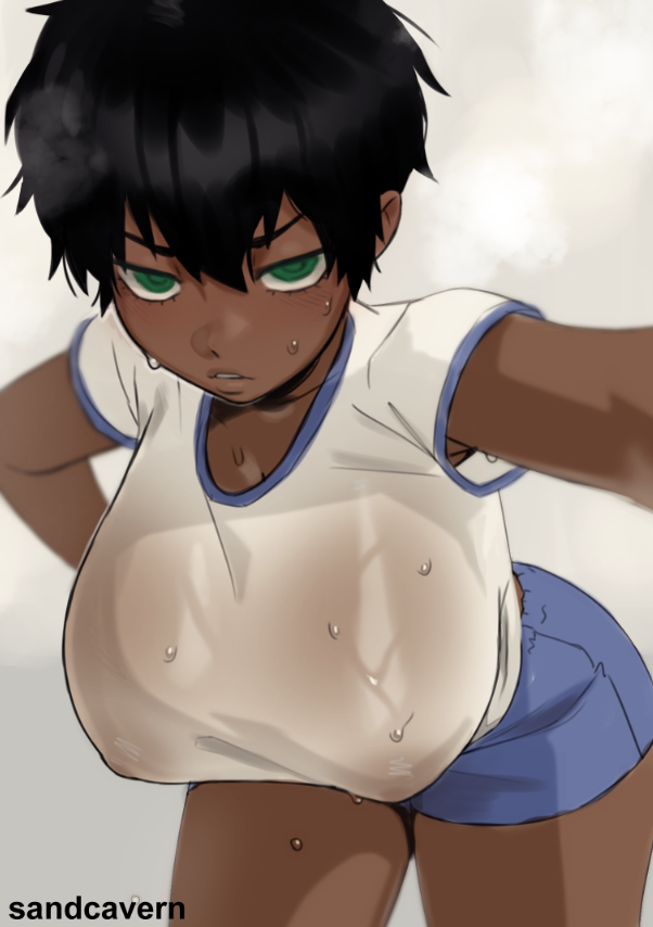 after_workout arched_back armpits big_breasts breasts dark-skinned_female dark_hair dark_skin green_eyes huge_breasts iri_(sandcavern) large_breasts no_bra no_bra_under_clothes oc original original_character sandcavern short_hair sweat sweating sweaty tagme_(character) thick thick_thighs thighs tomboy very_short_hair wet wet_clothes wet_shirt