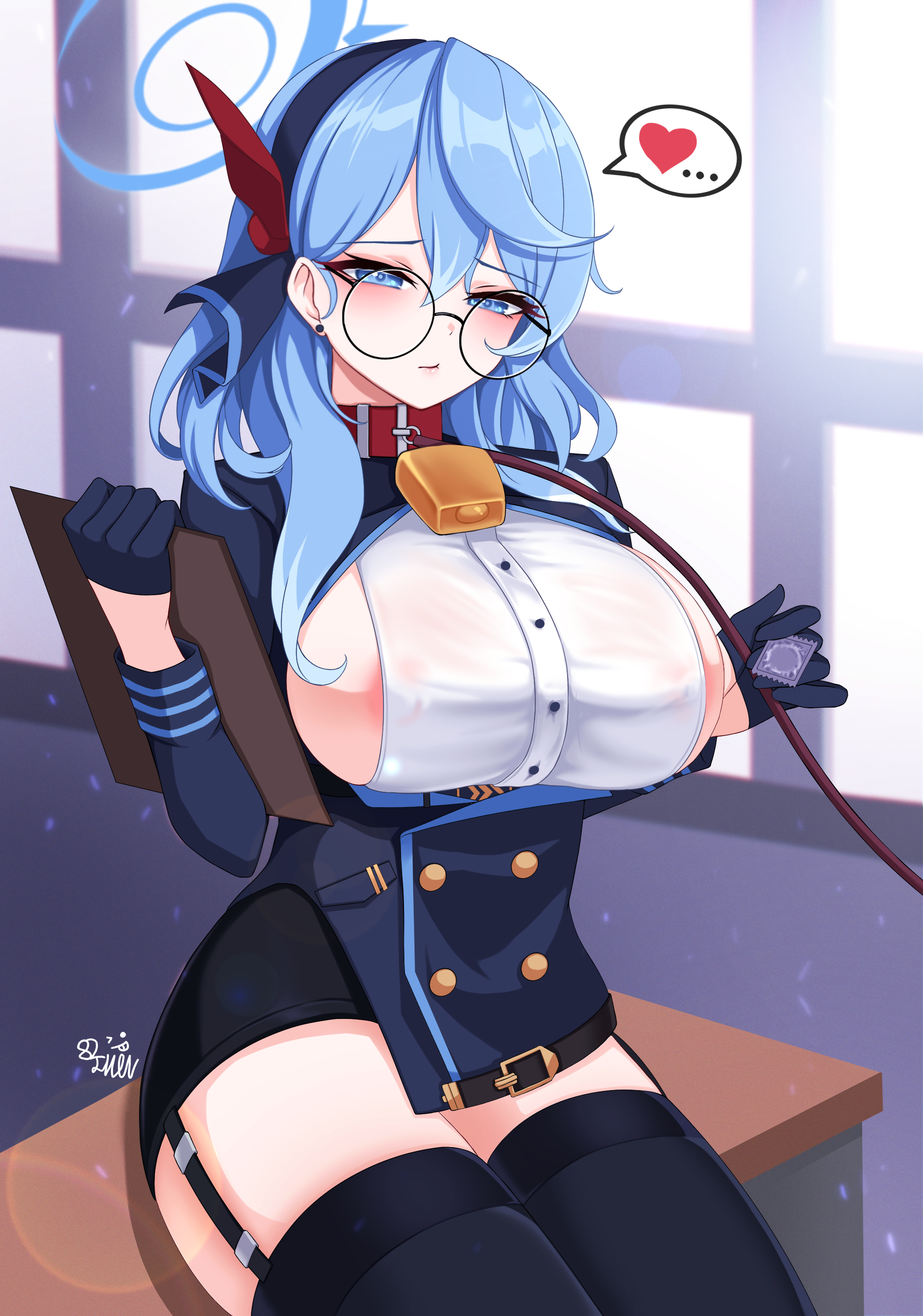 82jhin, absurdres, ako (blue archive), alternate version available, animal collar, bell, belt, black legwear, blue archive, blue eyes, blue hair, breasts, clipboard, collar, condom, condom wrapper, desk, earrings, female, garter belt, gehenna academy student, glasses, gloves, hair between eyes, half gloves, halo, highres, jacket, jewelry, large breasts, leash, miniskirt, neck bell, on desk, pencil skirt, prefect team (blue archive), shirt, sideboob, sitting, skirt, stud earrings, thighhighs, transparent, white shirt