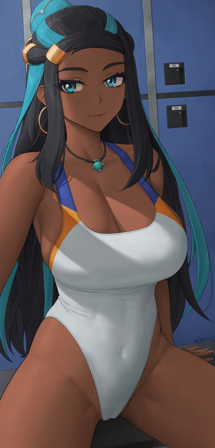 1girls, 2022, alternate breast size, artist signature, big breasts, black hair, blue eyes, breasts, brown skin, competition swimsuit, dark skin, dark-skinned female, female, female only, gym leader, hi res, hips, huge breasts, large breasts, long hair, looking at viewer, nessa (pokemon), nintendo, one-piece swimsuit, pokemon, pokemon ss, slim waist, swimsuit, thick thighs, thighs, wide hips, zaphn