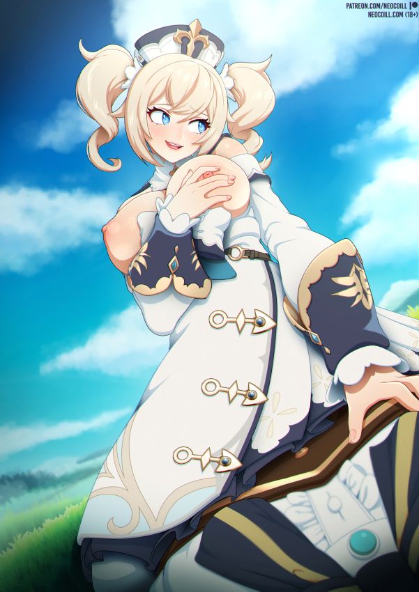 1girls, barbara (genshin impact), blonde hair, clothed sex, cowgirl position, dress, female, genshin impact, implied penetration, implied sex, male, neocoill, nun, sex under clothes, sex under dress, twintails, venti (genshin impact)