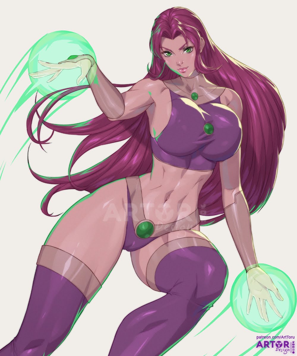 1girls, arttoru, athletic, athletic female, boots, dc, dc comics, female, green eyes, koriand'r, red hair, signature, sole female, solo, starfire, teen titans, text, thick thighs, thighhighs, warner brothers, watermark